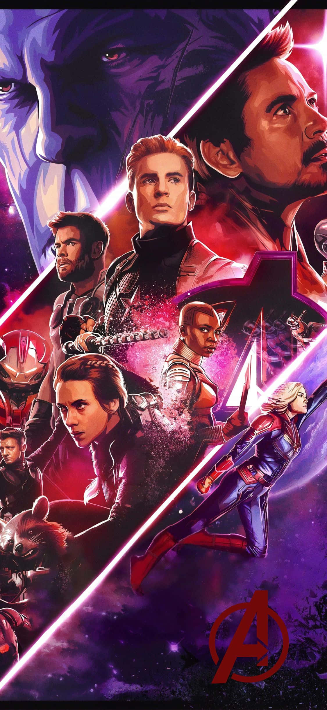 iPhone Xs Avengers 桌布 壁紙 — 動感漫畫風格海報，復仇者聯盟英雄在充滿活力的紫色和粉紅色星空背景下擺出宇宙戰鬥姿勢。