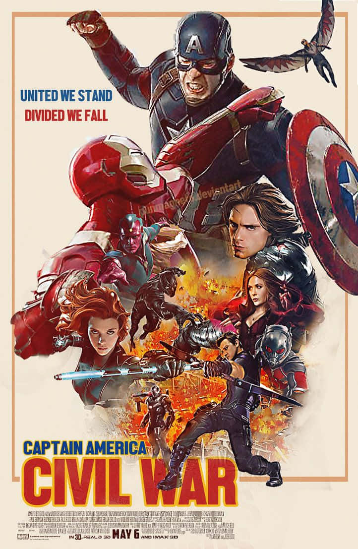Retro Captain America 桌布 壁紙 — 動感漫畫風格海報，描繪美國隊長、鋼鐵人和黑寡婦在火焰戰鬥場景中，採用大膽的紅色和金色色調。