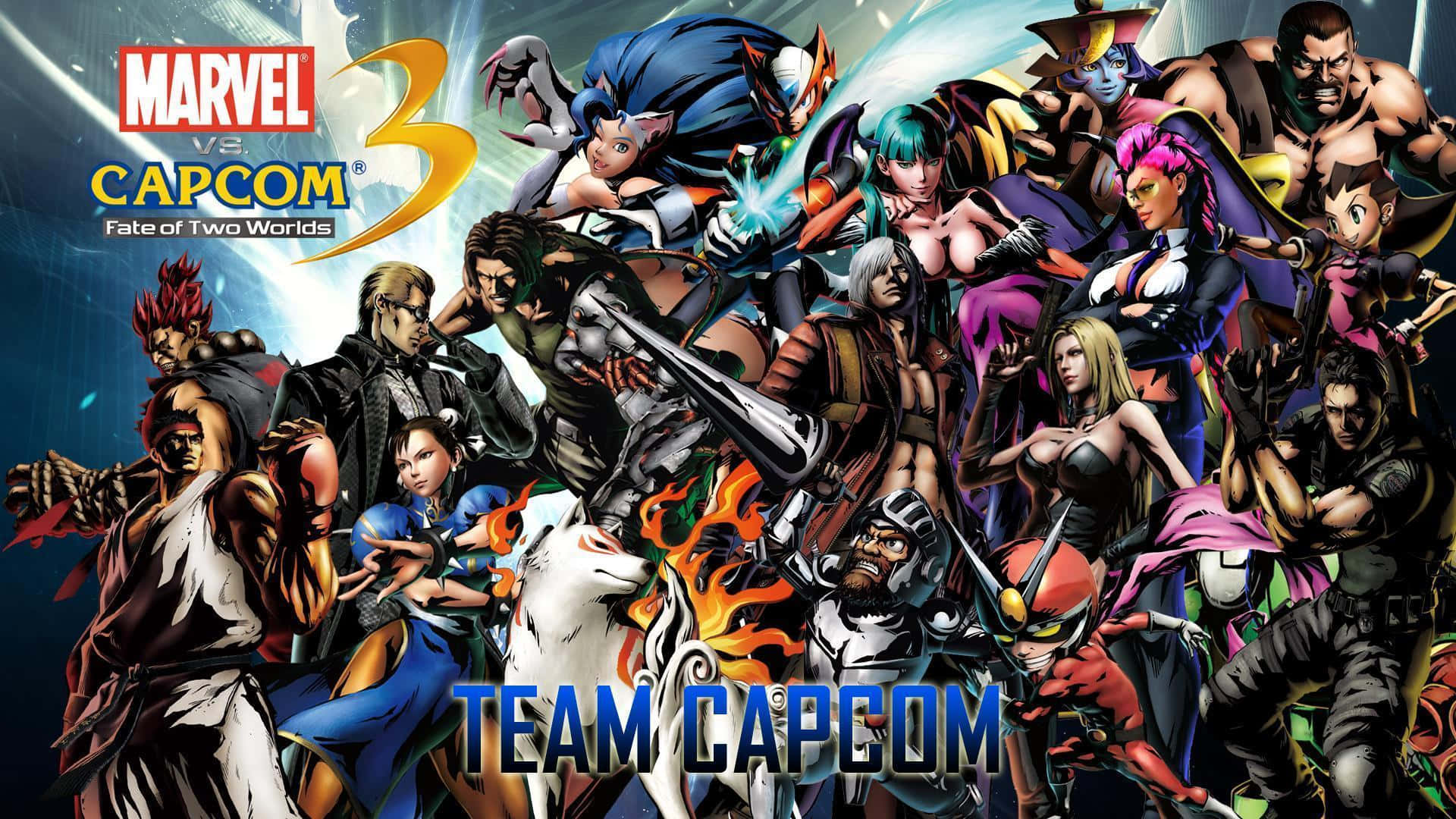 Marvel Vs Capcom Characters 桌布 壁紙 — 動感漫畫風格藝術作品，展示《Marvel vs Capcom 3》中的Team Capcom角色，色彩鮮豔，姿勢戲劇化。