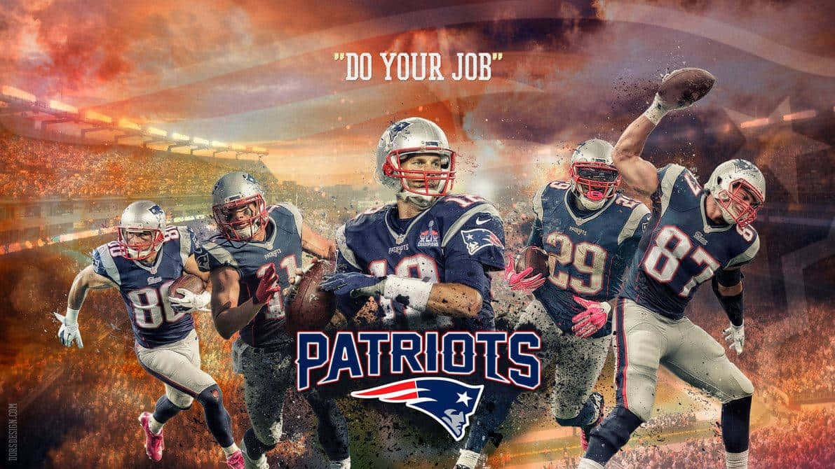 桌布 壁紙 — 動感的新英格蘭愛國者隊美式足球員在火焰體育場背景下奮戰，附有勵志文字。