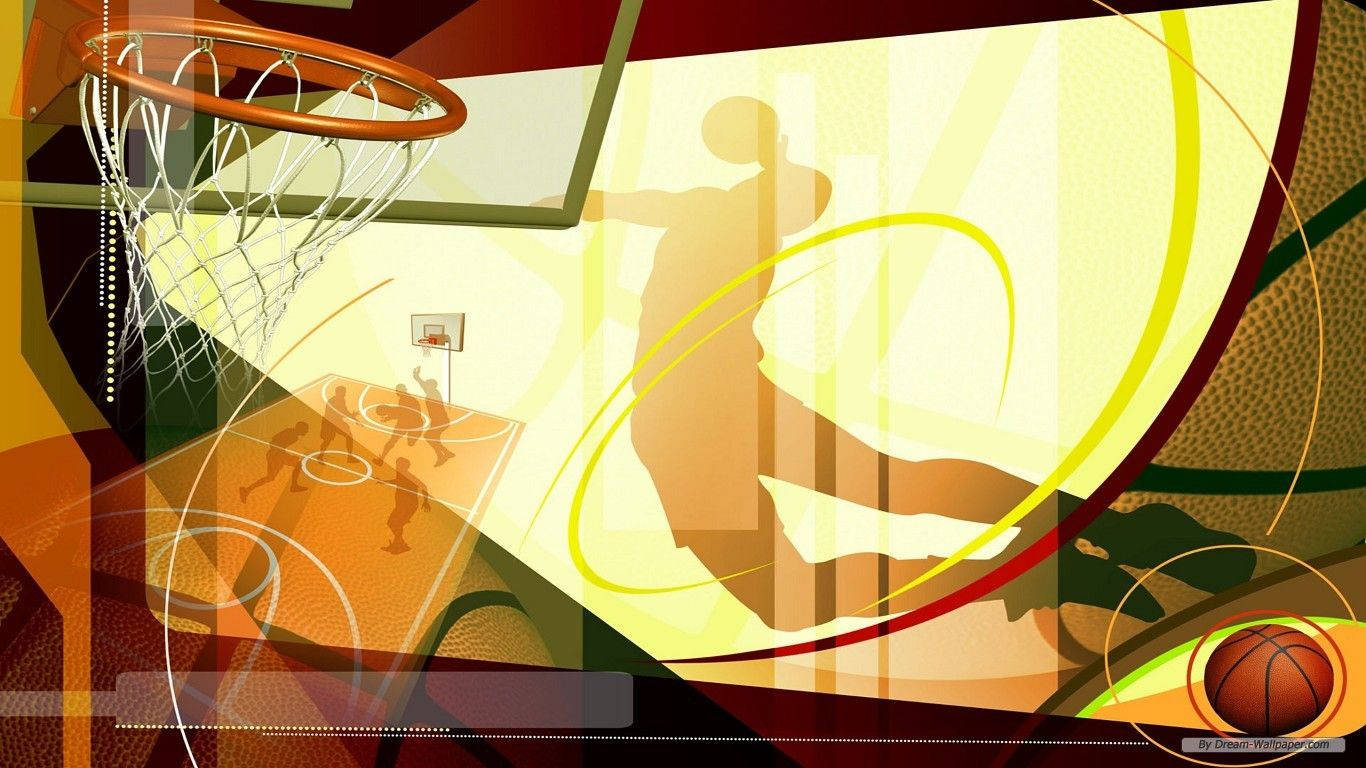 運動 桌布 壁紙 — 動感籃球場景，剪影球員和籃框襯托著溫暖的抽象運動線條。