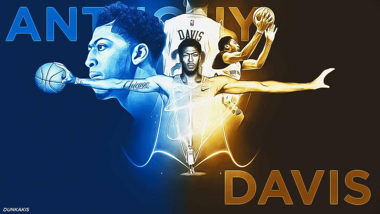 Anthony Davis 桌布 壁紙 — 動感籃球運動員 Anthony Davis 採用藍金雙色分割設計，展現多個動作姿勢及發光線條。