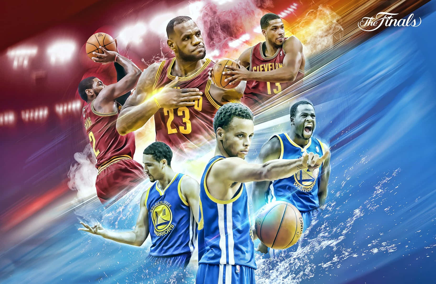 NBA Players 桌布 壁紙 — 動感籃球運動員以火焰和水流運動效果在體育館背景下擺出動作姿勢。
