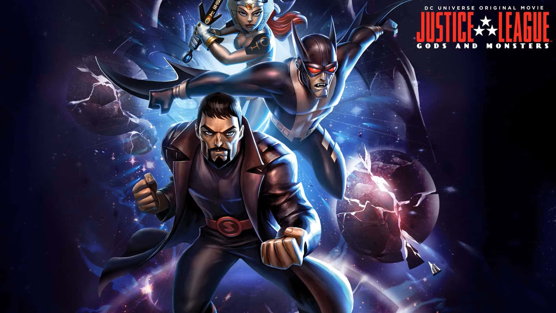Justice League Gods And Monsters 桌布 壁紙 — 動感超級英雄團隊在宇宙戰鬥中，身後有發光的能量和破碎的行星。
