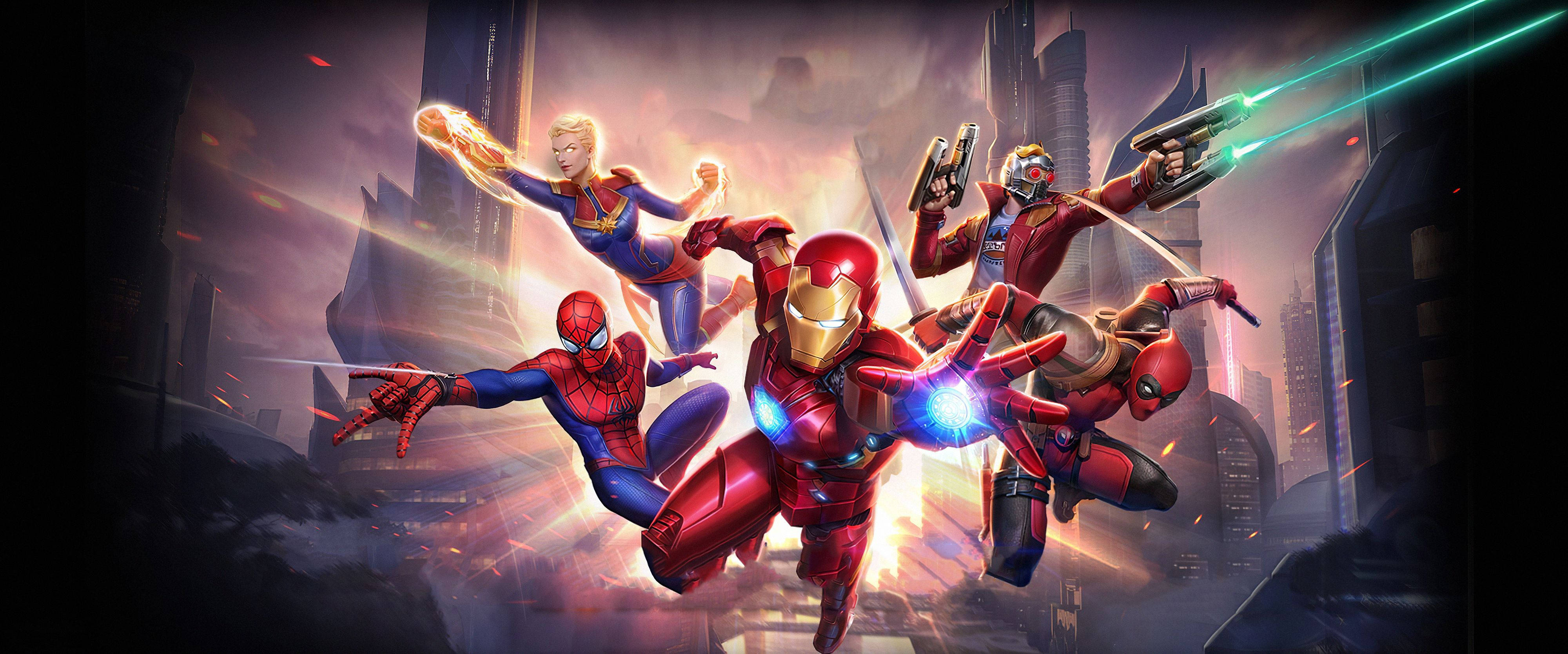4K Marvel 壁紙 桌布 壁紙 — 動感超級英雄團隊在火熱的城市天際線中進行動作，帶有發光的能量效果。
