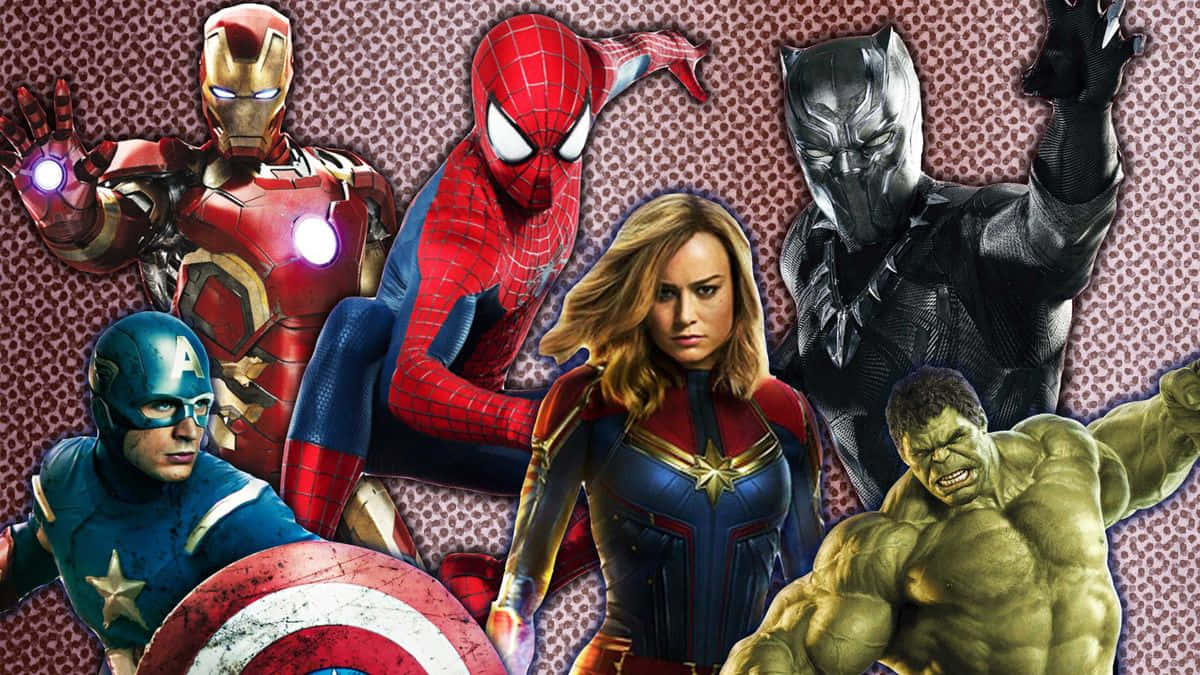 Marvel Profile 桌布 壁紙 — 動感超級英雄拼貼畫， featuring Iron Man、Spider-Man、Captain America、Captain Marvel、Black Panther 和 Hulk，背景為圖案設計。