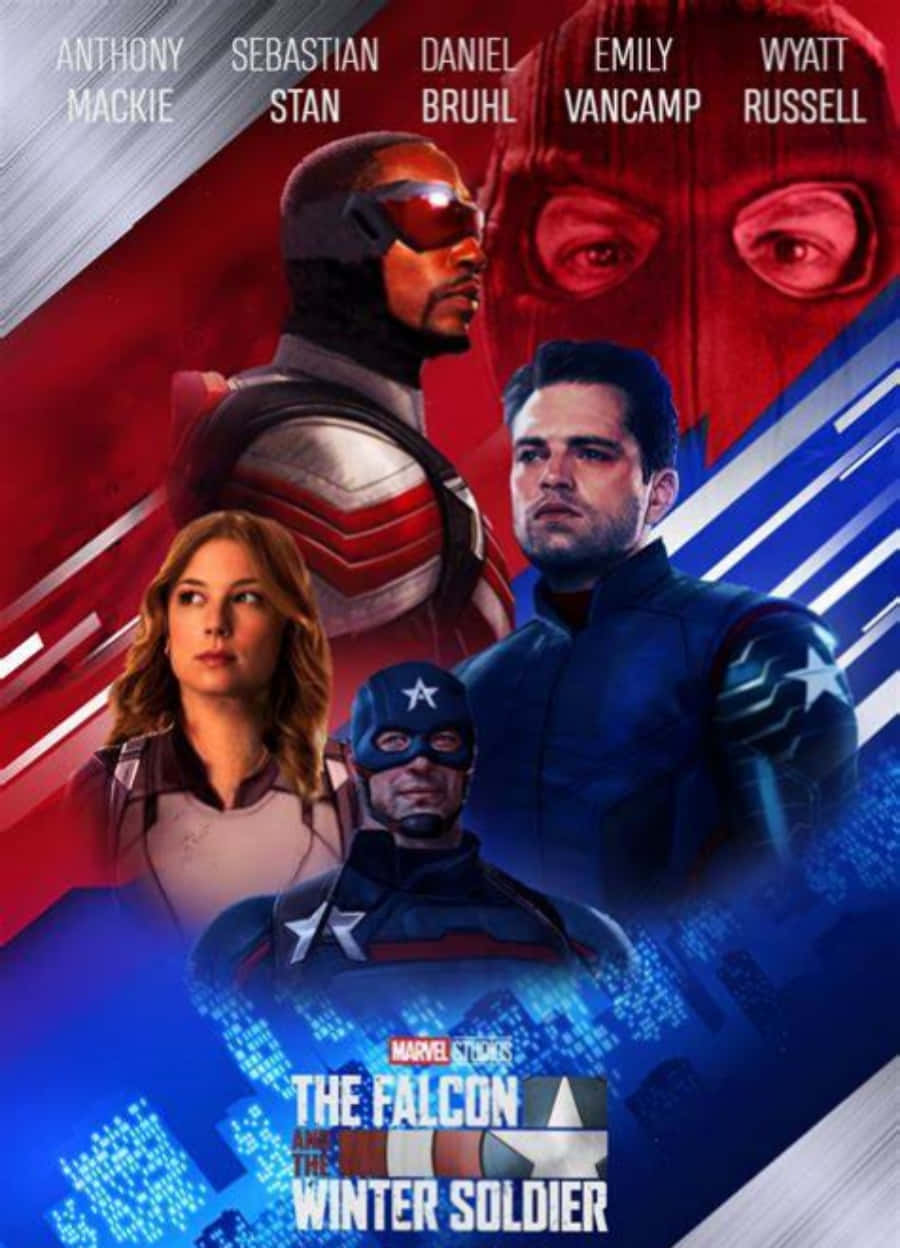 the falcon and the winter soldier 桌布 壁紙 — 動感超級英雄海報， featuring Falcon Winter Soldier，採用大膽的紅、藍、白圖形設計。