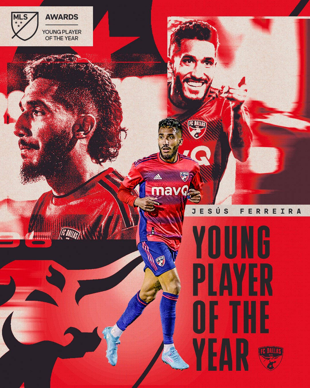 足球 桌布 壁紙 — 動感足球員 Jesús Ferreira 身穿 FC 達拉斯球衣，在鮮明紅黑圖形背景前慶祝成為「年度最佳年輕球員」。