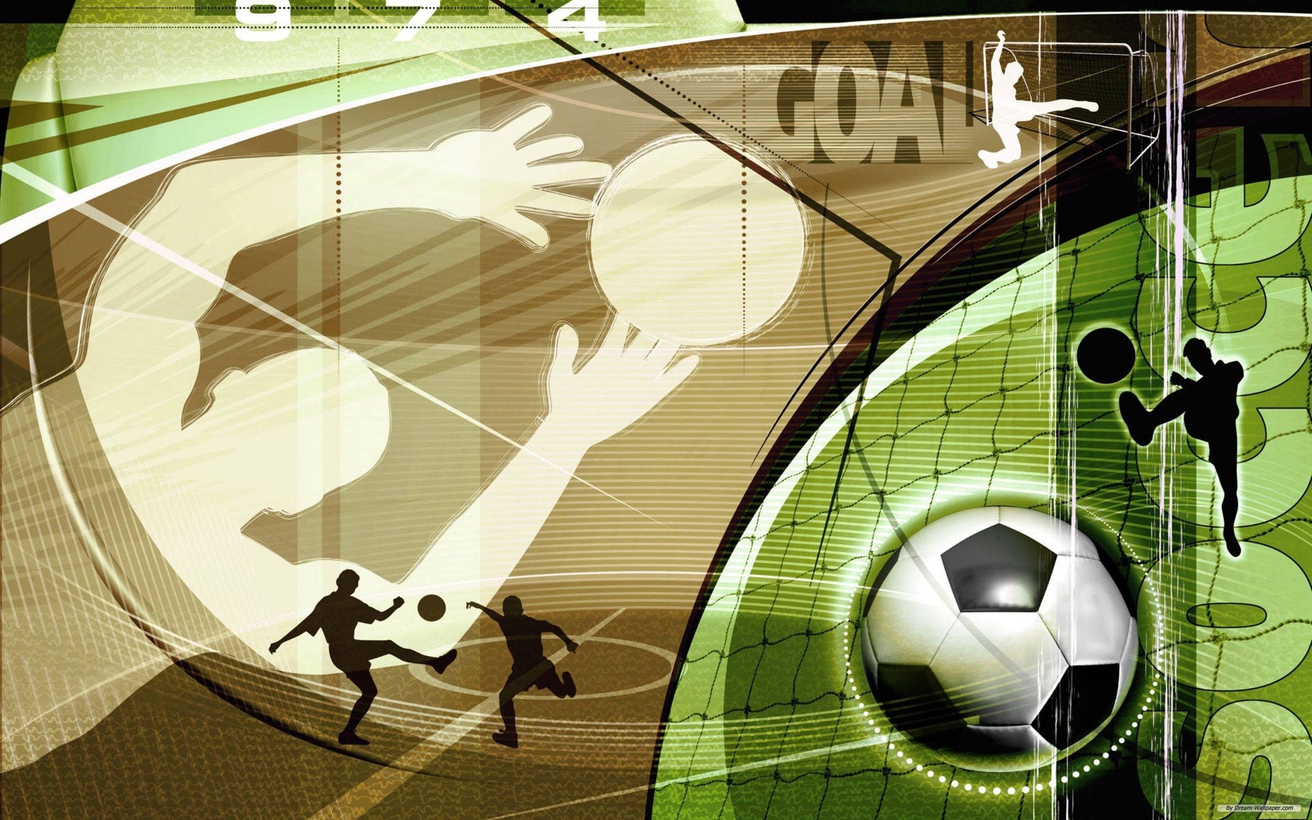運動 桌布 壁紙 — 動感運動拼貼畫，以剪影足球員、發光足球和粗體「GOAL」文字為特色，採用分層綠色和米色調。
