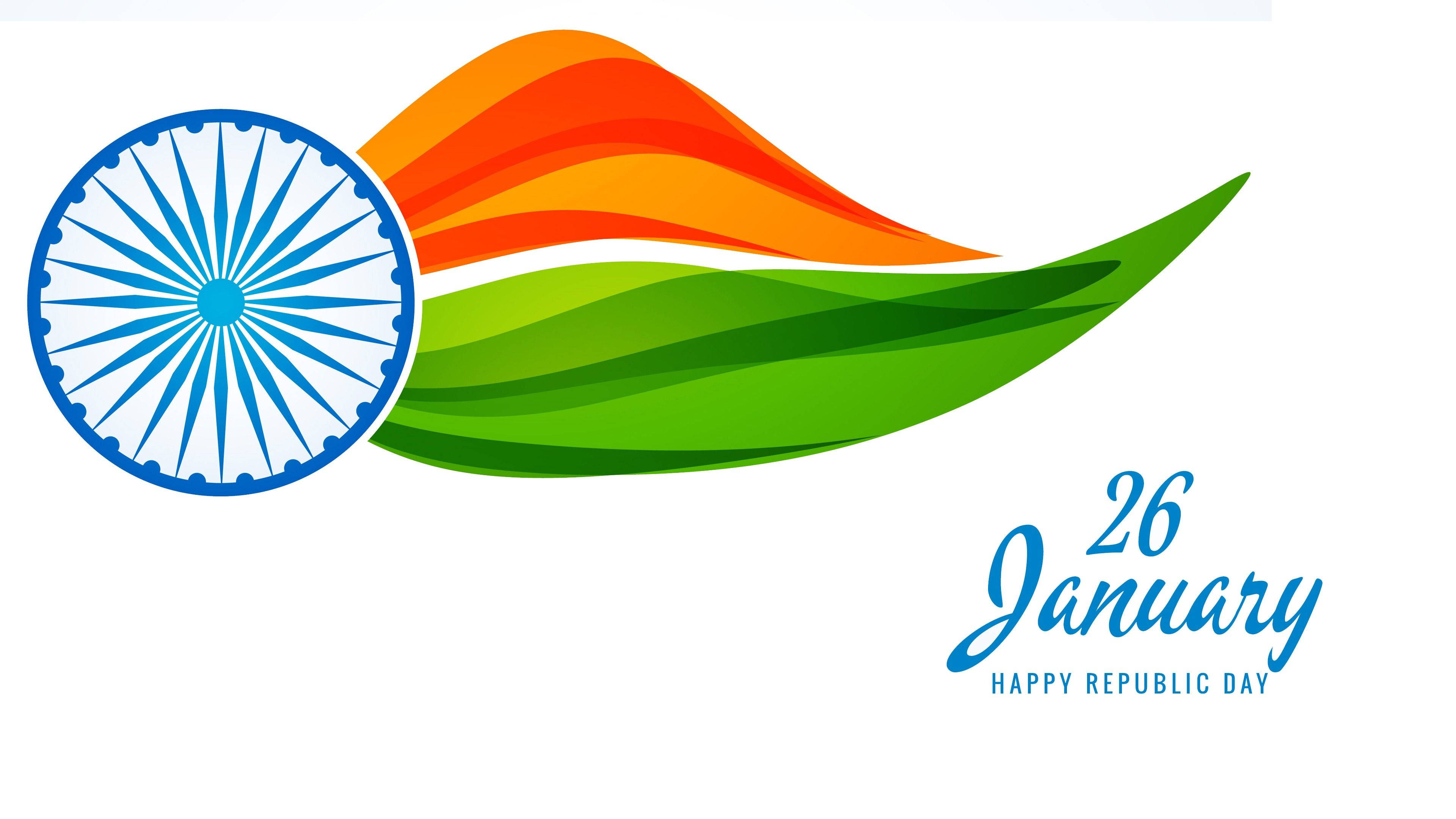 Republic Day 桌布 壁紙 — 動感風格印度國旗，Ashoka Chakra 如波浪般流動，白色背景配以慶祝文字。