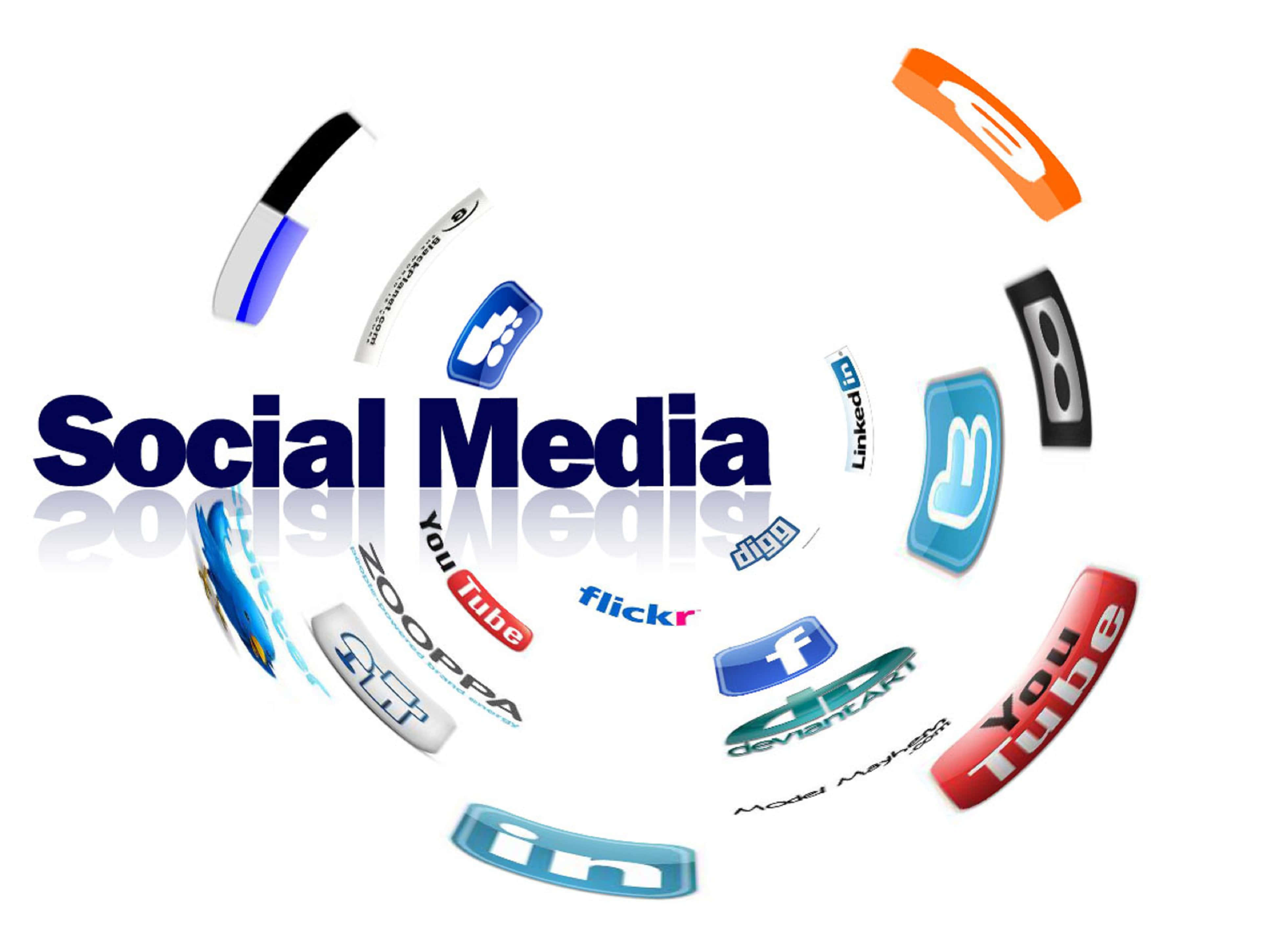 4K Social Media 桌布 壁紙 — 動態3D渲染的社交媒體標誌圍繞著「Social Media」一詞在反光白色表面上運行。