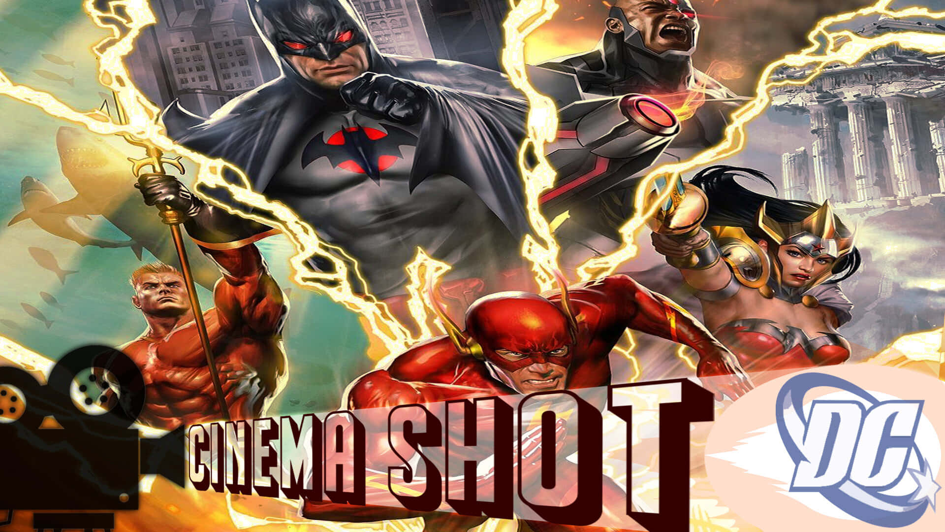 Justice League The Flashpoint Paradox 桌布 壁紙 — 動態DC超級英雄如蝙蝠俠和閃電俠在電影般的城市戰鬥場景中與閃電交鋒。