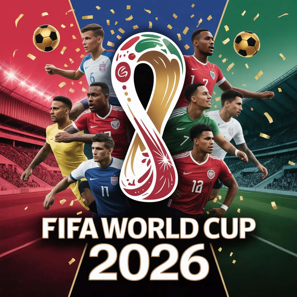 FIFA WORLD CUP 2026 壁紙 — 動態FIFA世界盃2026宣傳海報，展示不同足球運動員在球場背景下擺出動作姿勢，並有五彩紙屑和官方獎盃標誌。