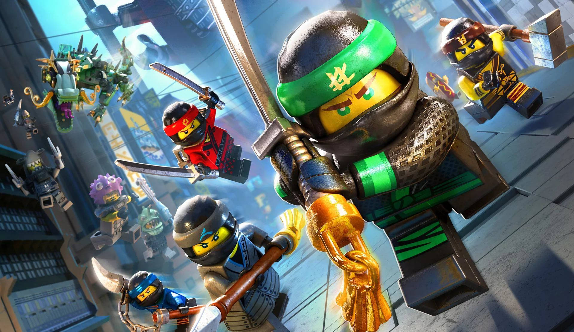 Ninjago 桌布 壁紙 — 動態LEGO Ninjago角色在未來城市景觀中與劍和武器進行激烈戰鬥，對抗怪物般的敵人。