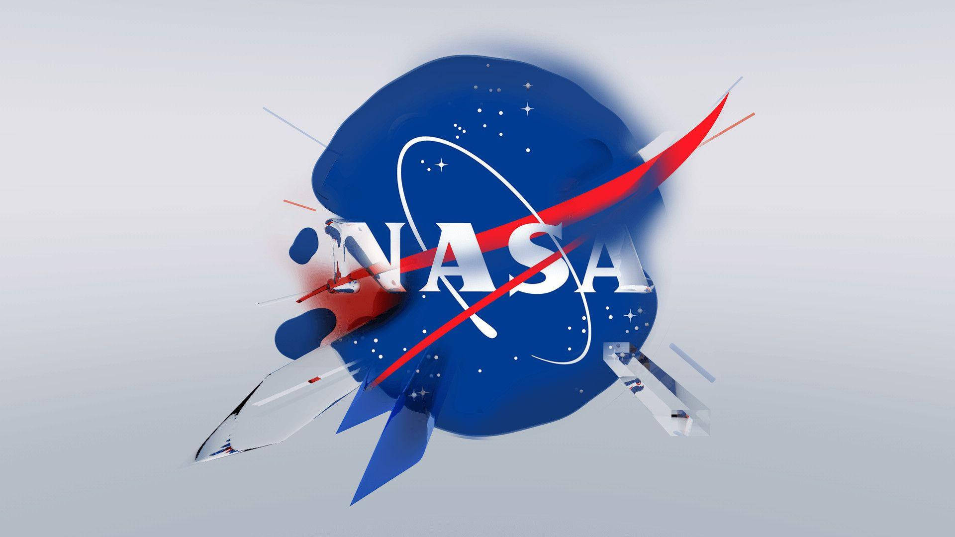 nasa 美學 桌布 壁紙 — 動態NASA標誌，藍色球體星星、紅色旋風和白色火箭，背景為淺灰色。