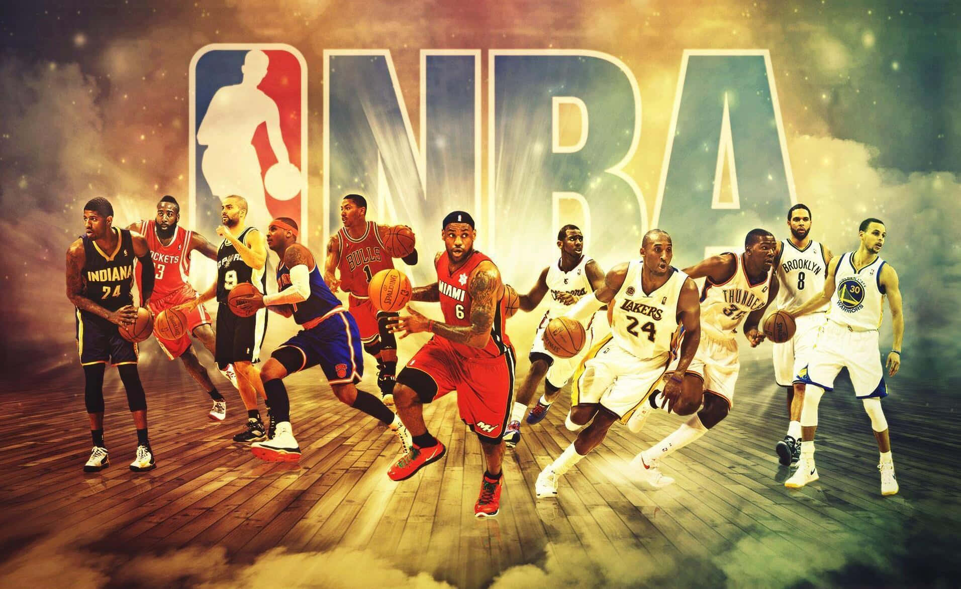 NBA 桌布 壁紙 — 動態NBA籃球運動員以球隊球衣在戲劇性的多雲天空背景下擺出動作姿勢。