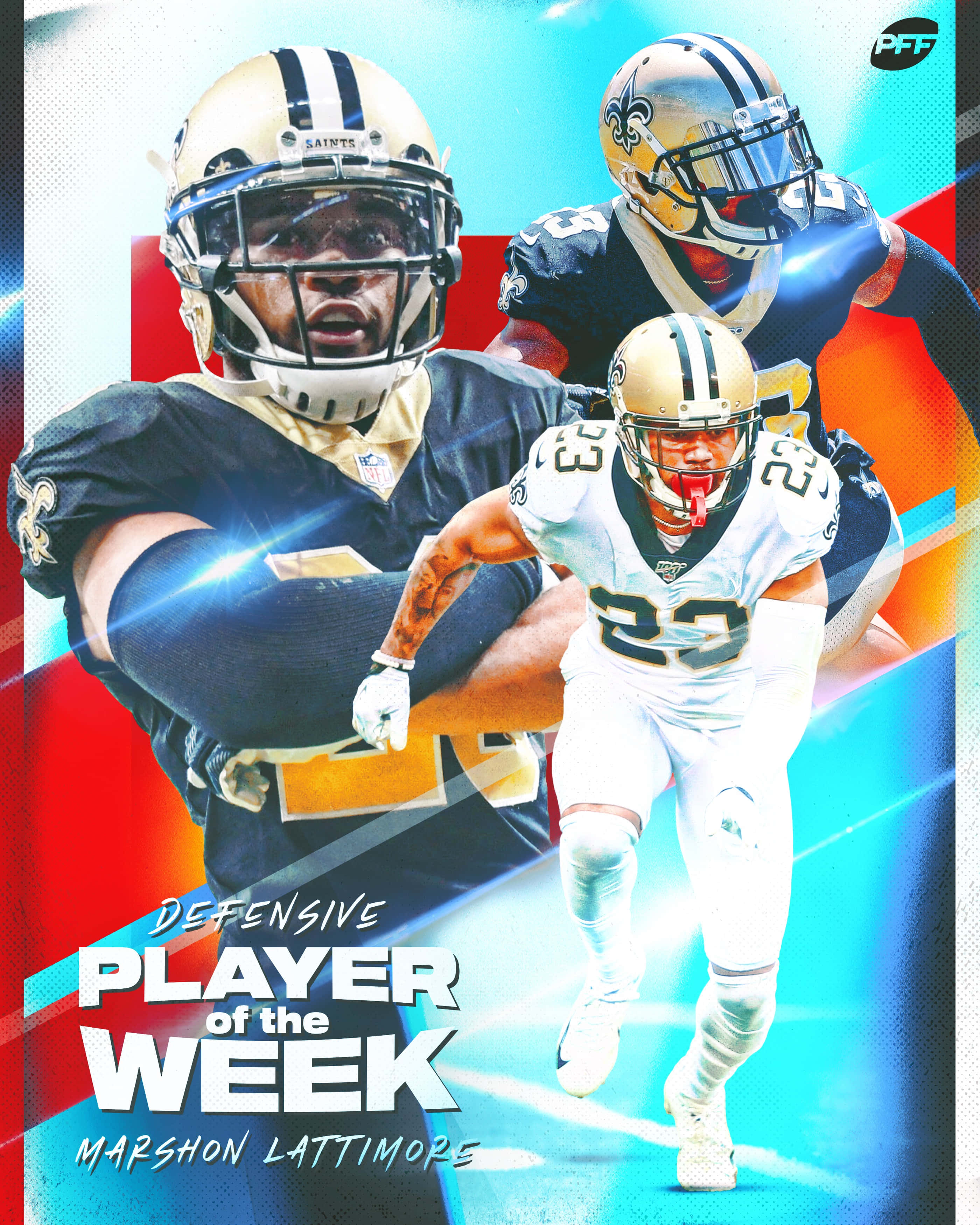 poster 桌布 壁紙 — 動態NFL球員身穿聖徒隊裝備，在充滿活力的抽象背景中衝刺和擒抱，背景帶有發光的光條。