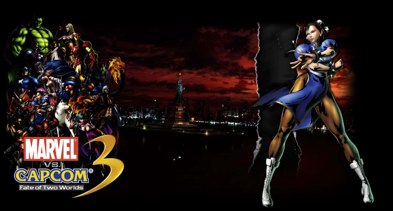 Marvel Vs Capcom Characters 桌布 壁紙 — 動態分屏桌布，以黃昏時分火熱的紐約天際線為背景，展示 Marvel 和 Capcom 角色。