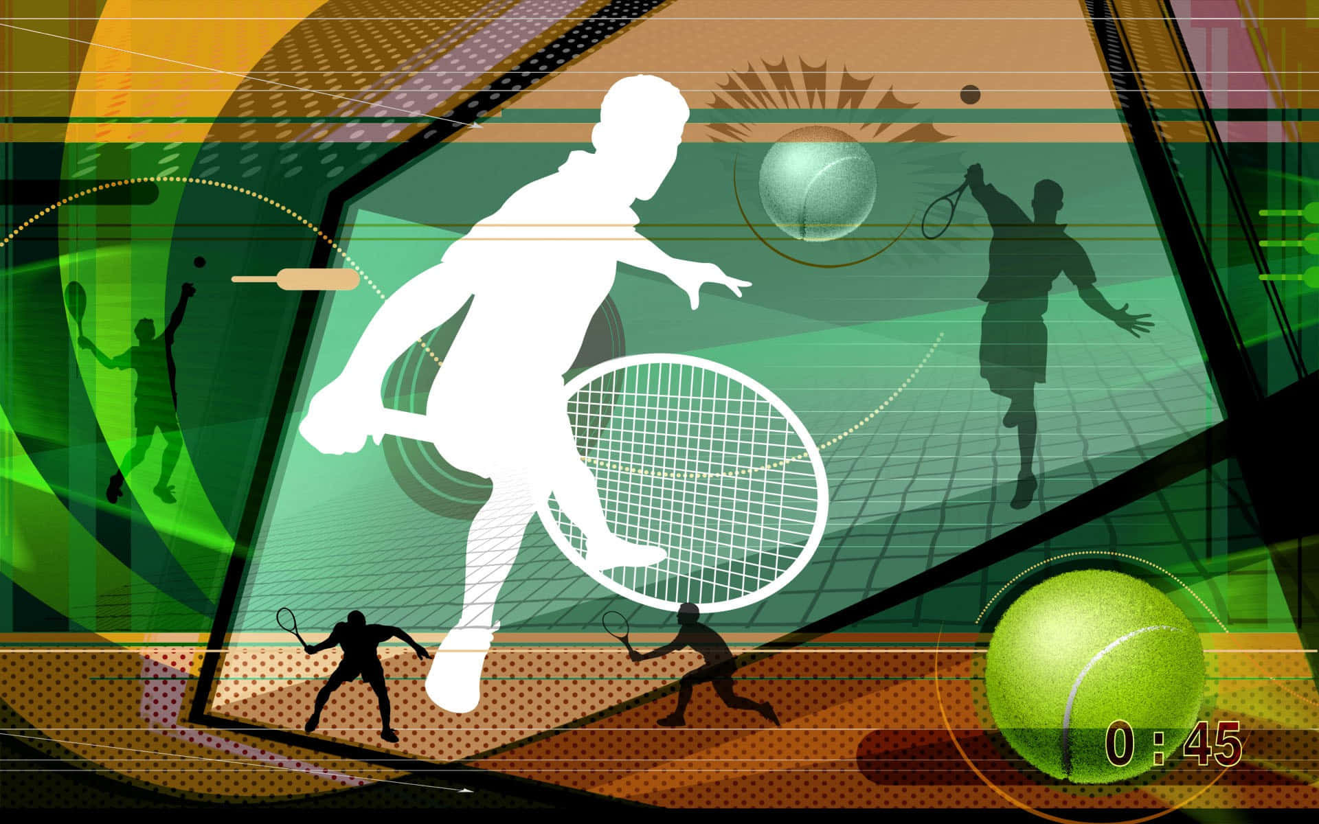 Tennis 桌布 壁紙 — 動態剪影：一名網球運動員正在揮拍，背景為充滿活力的抽象圖案，包含多層人物和發光的球。