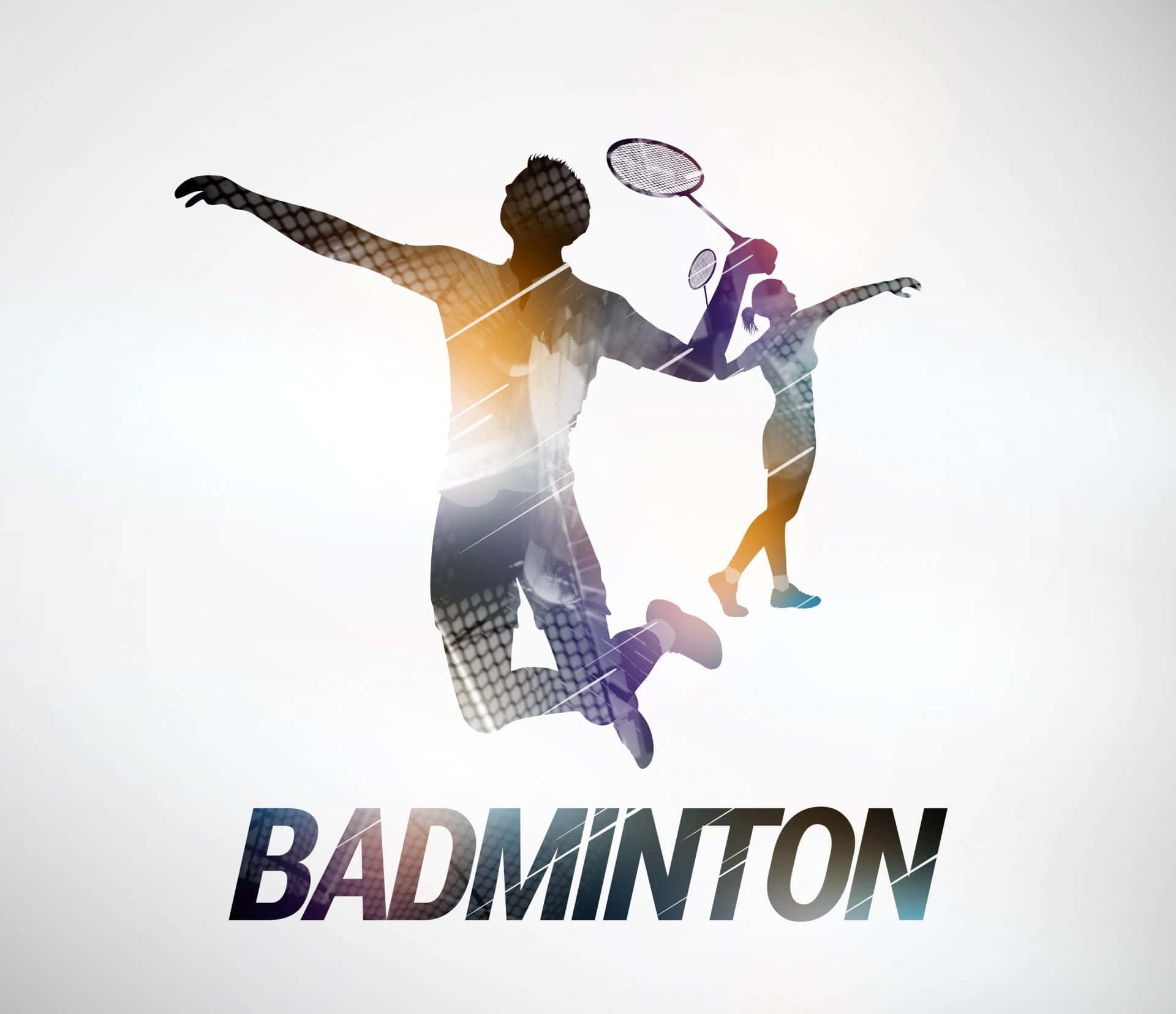 Best Badminton 桌布 壁紙 — 動態剪影，一男一女羽球運動員在半空中，背景為明亮的漸變色。