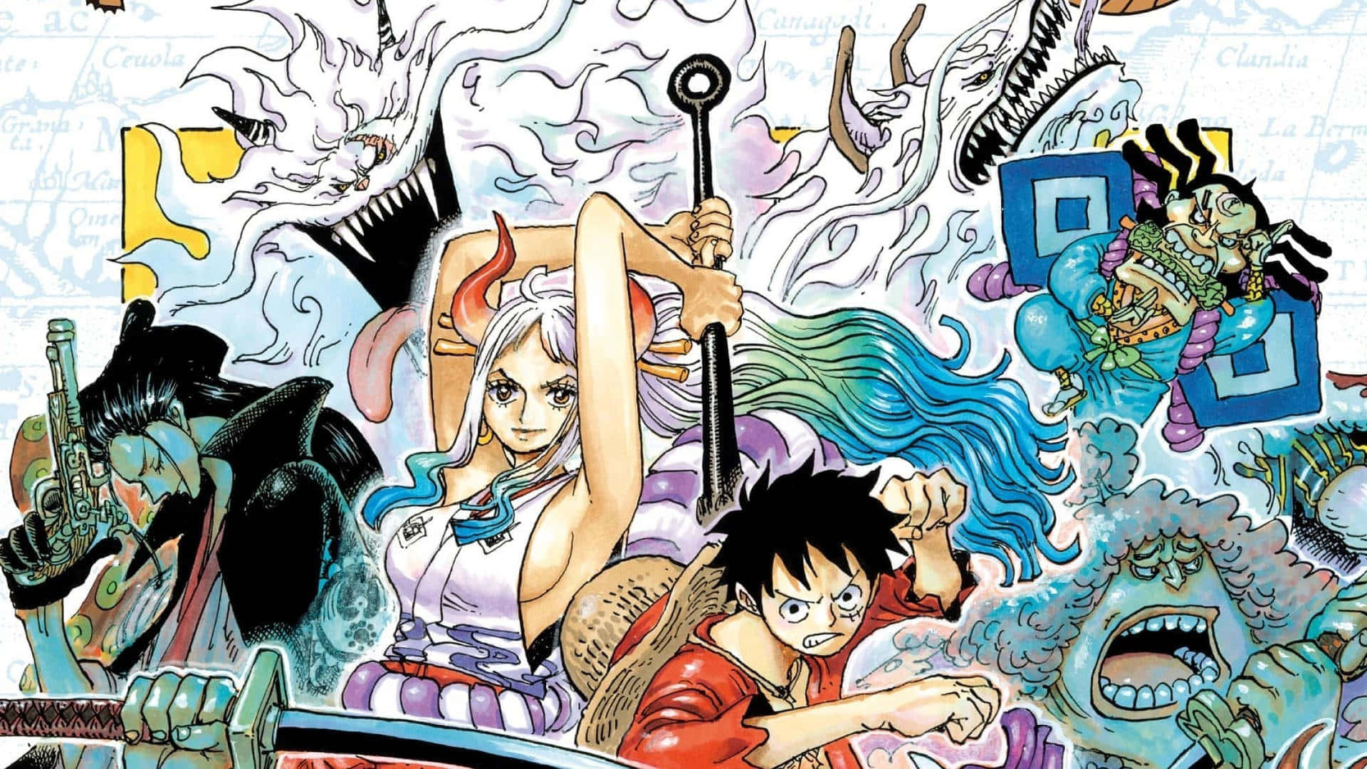 One Piece Characters 桌布 壁紙 — 動態動漫戰鬥場景，魯夫和波雅·漢考克被怪物般的靈魂和混亂能量包圍。