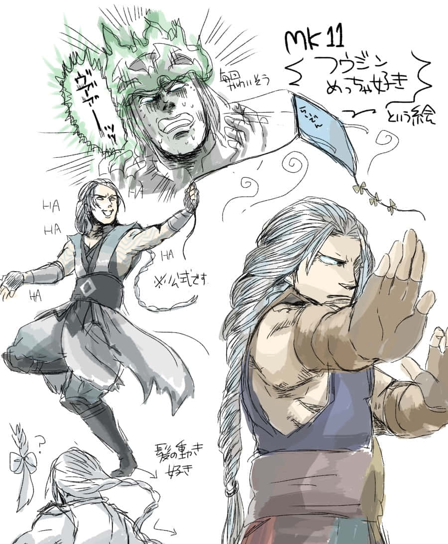 Mortal Kombat Fujin 桌布 壁紙 — 動態動漫草圖，描繪真人快打角色以戰鬥姿勢呈現，帶有豐富表情和日文文字註解。