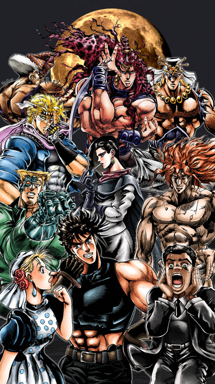 Jojo Phone 桌布 壁紙 — 動態動漫角色，擁有誇張的肌肉和強烈的表情，聚集在一個巨大的金色月亮周圍。