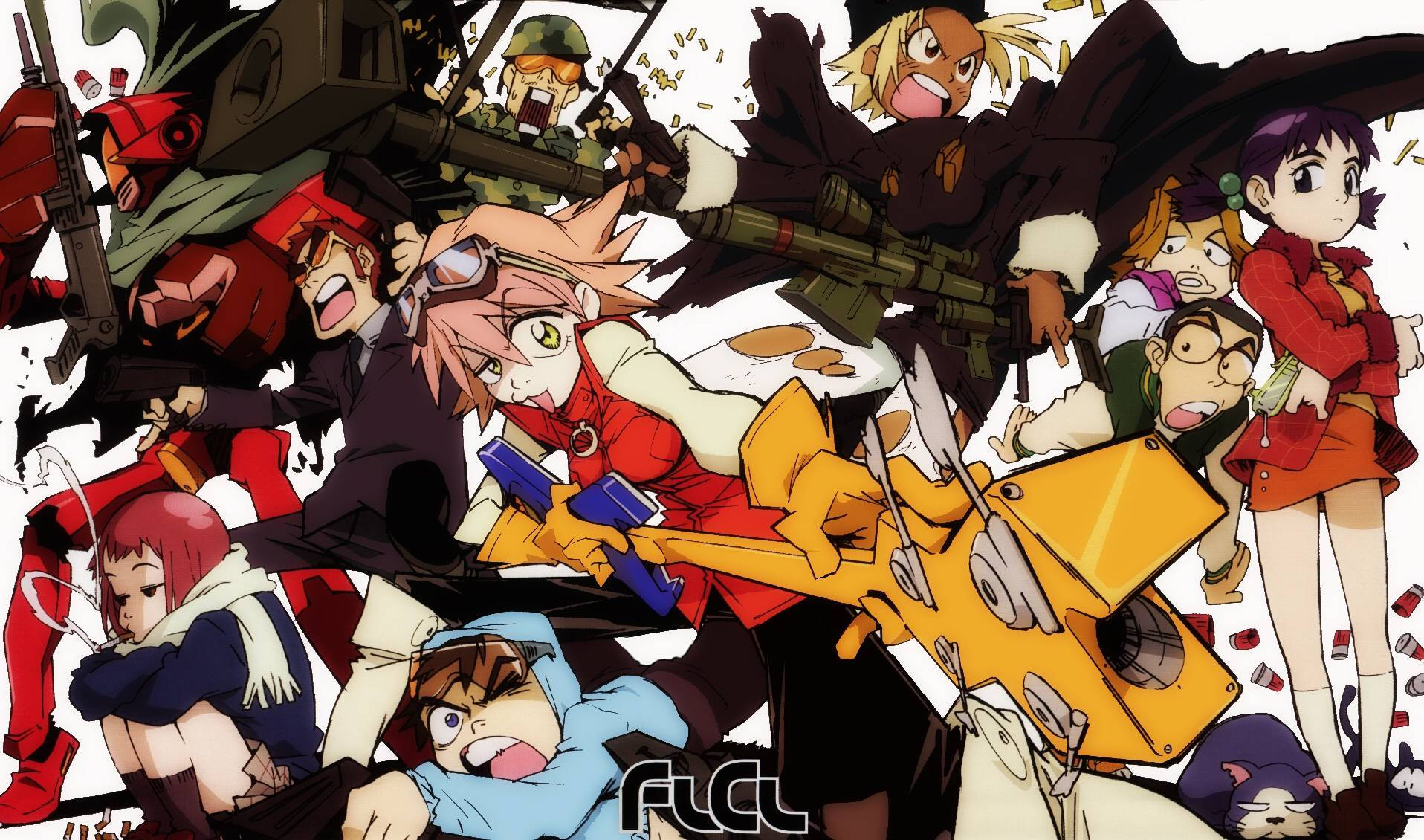 Flcl 桌布 壁紙 — 動態動漫角色以混亂戰鬥姿勢呈現，武器和碎片在他們周圍飛舞。
