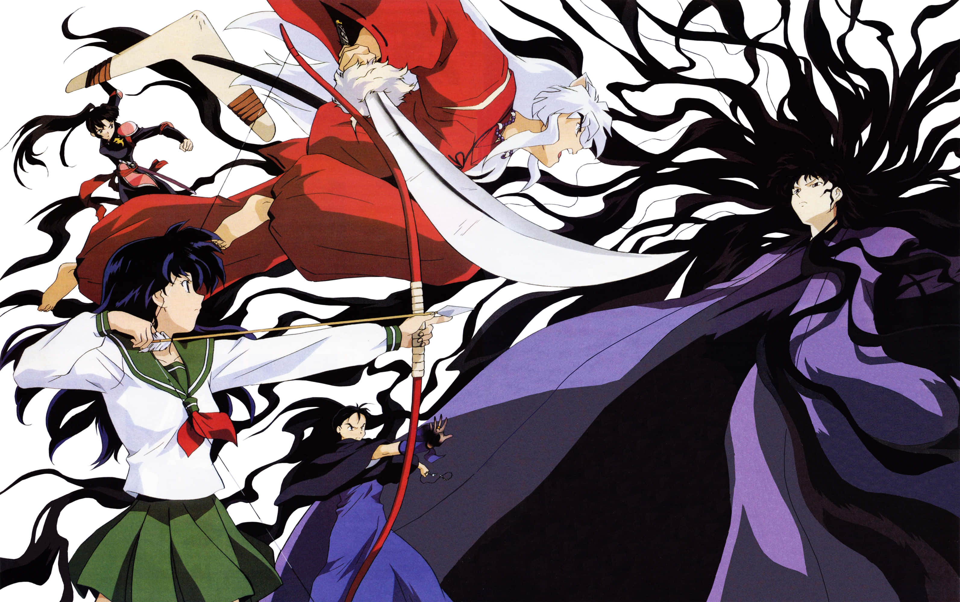 Naraku 桌布 壁紙 — 動態動漫角色在半空中碰撞，頭髮飄逸，手持武器，背景為純白色。