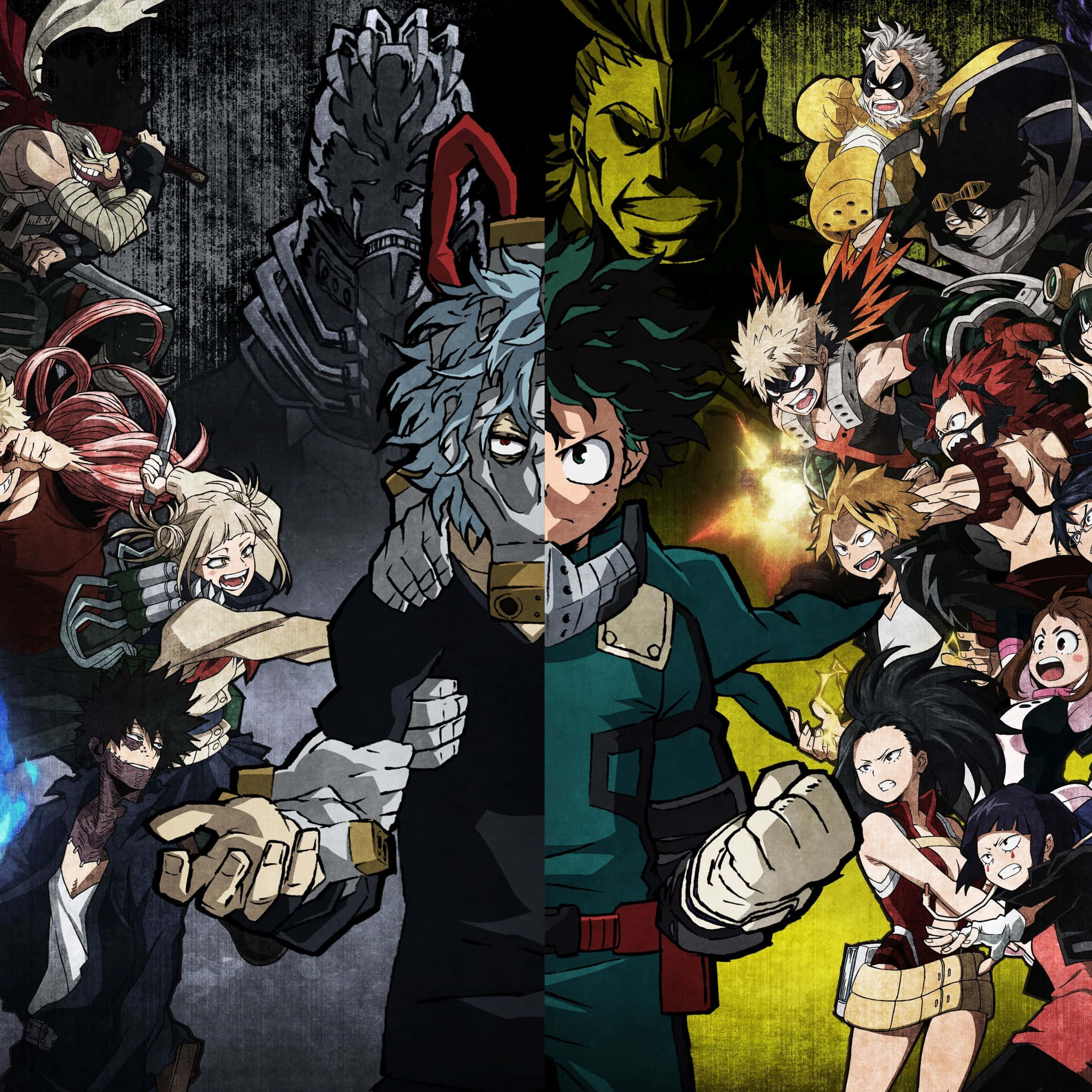 My Hero Academia iPad 桌布 壁紙 — 動態動漫角色在戲劇性的分屏戰鬥場景中碰撞，帶有強烈的表情和鮮明的色彩對比。