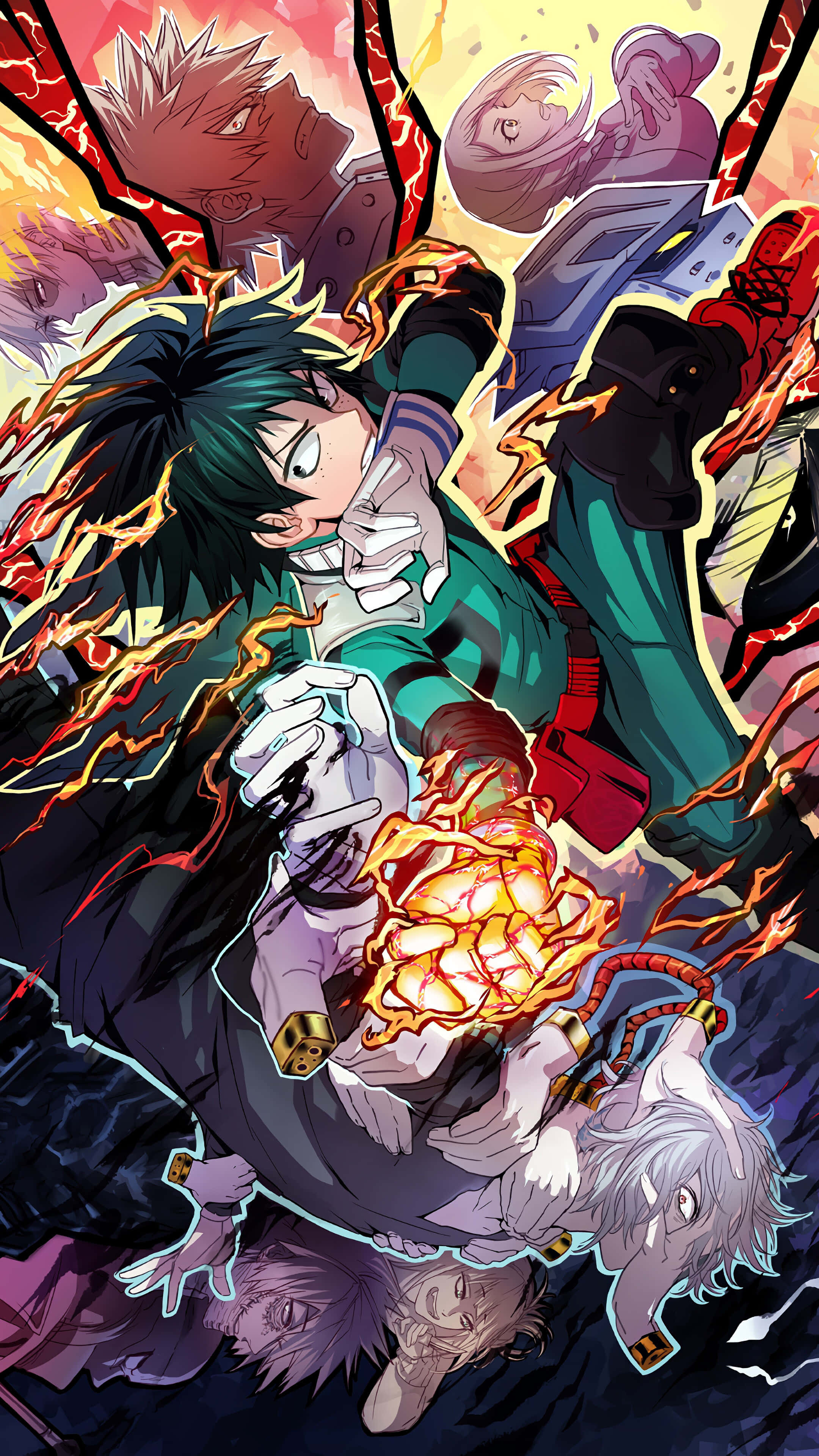 Shigaraki 桌布 壁紙 — 動態動漫角色在熾熱的動作中碰撞，伴隨著電能和破碎玻璃效果。