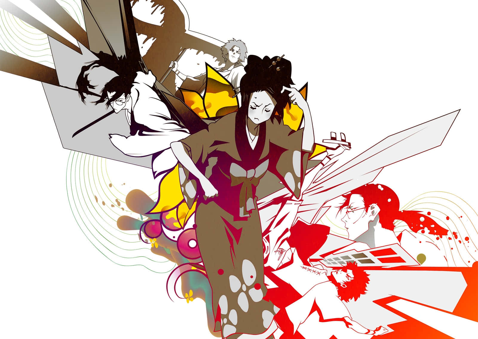 Samurai Champloo 桌布 壁紙 — 動態動漫角色穿著傳統日本服飾，以大膽的紅色、黃色和白色在風格化的動作場景中碰撞。