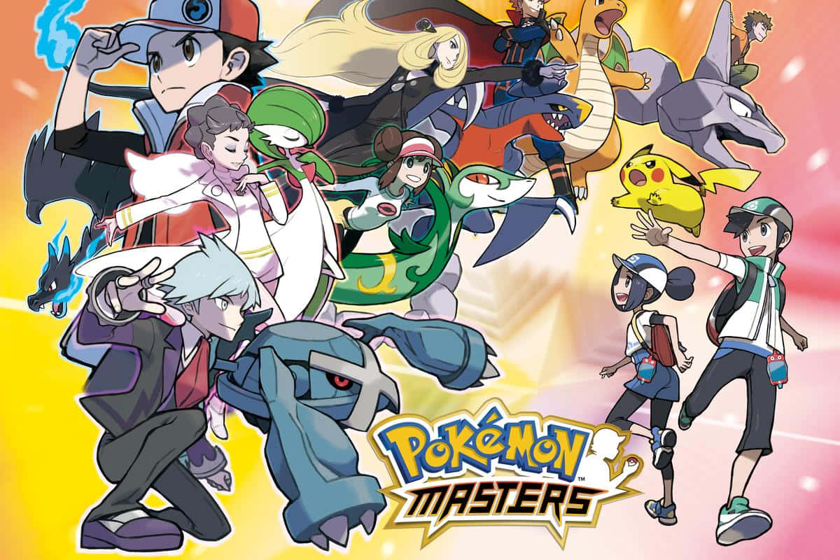 Pokemon Masters 桌布 壁紙 — 動態動畫角色和寶可夢從閃耀的黃色和粉紅色漸變背景中迸發出來，帶有 Pokémon Masters 標誌。