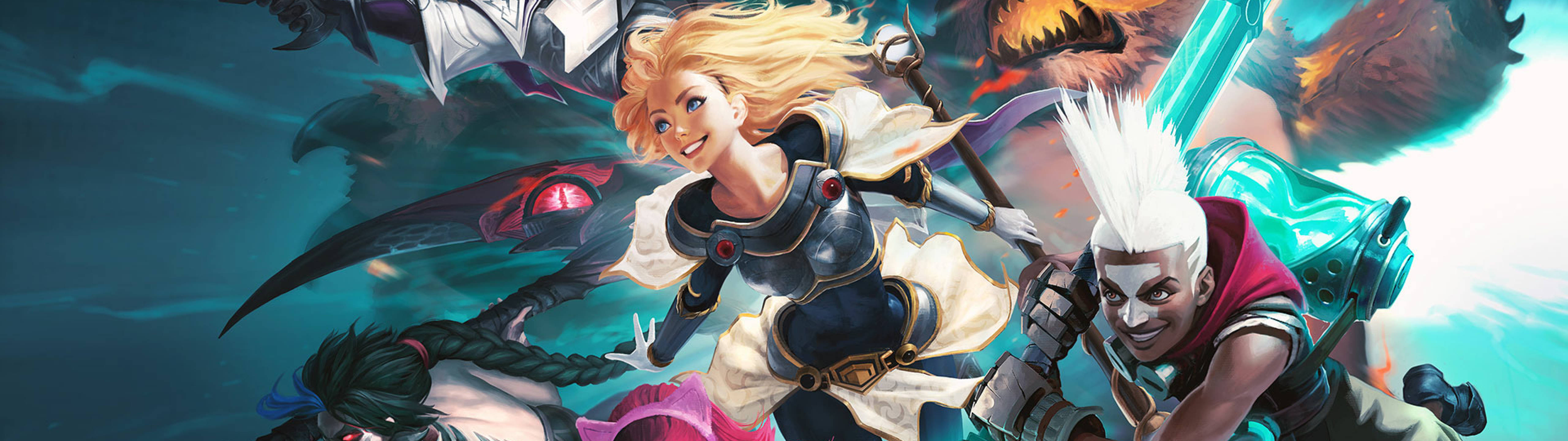 電玩遊戲 桌布 壁紙 — 動態奇幻戰士在充滿活力的戰鬥場景中碰撞，武器發光，能量旋轉。