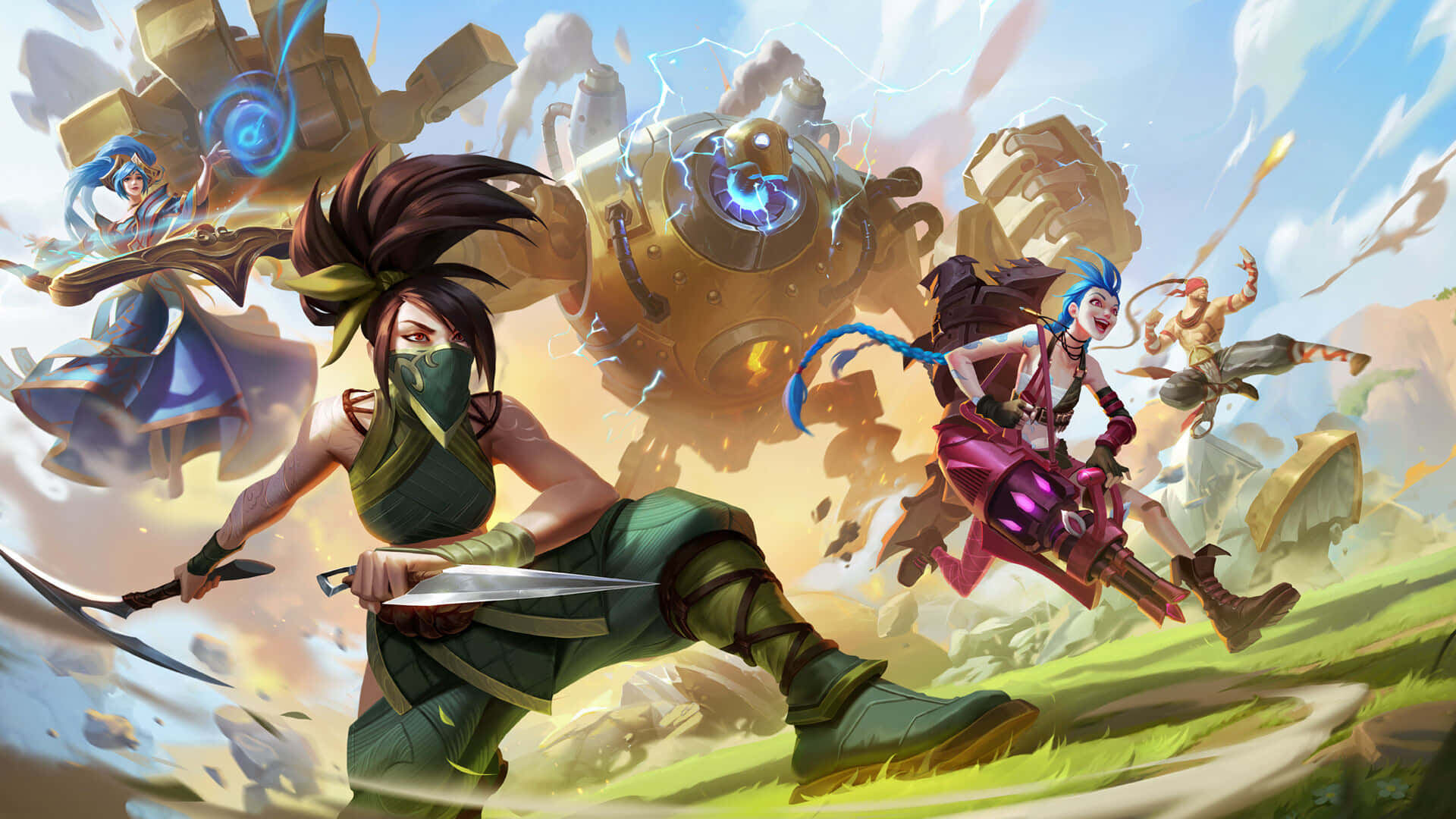 1920x1080 League Of Legends 桌布 壁紙 — 動態奇幻戰士在明亮的天空下，於充滿活力的草地上與巨型機械野獸戰鬥。