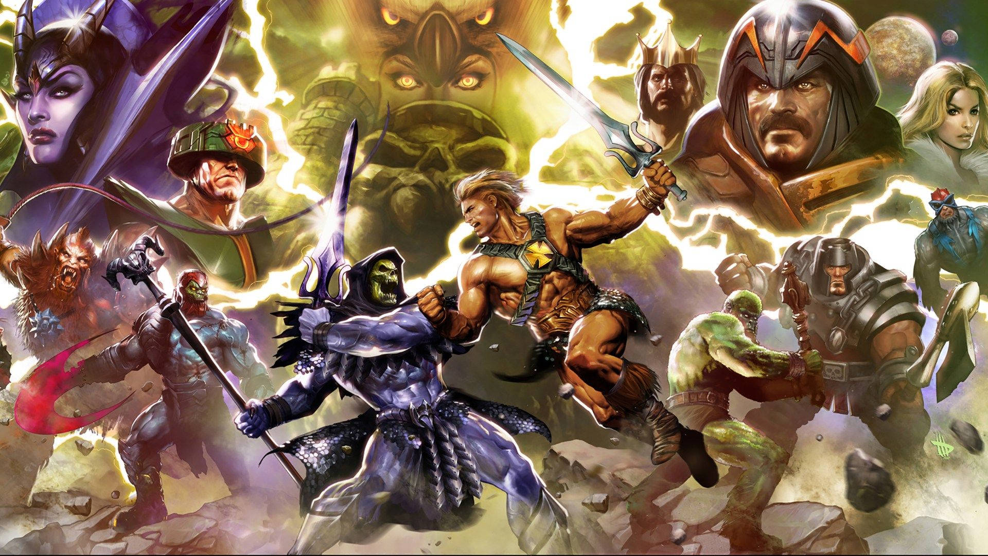 超級英雄 桌布 壁紙 — 動態奇幻戰鬥場景， featuring He-Man 和 Skeletor 在英雄與反派角色的混亂衝突中。