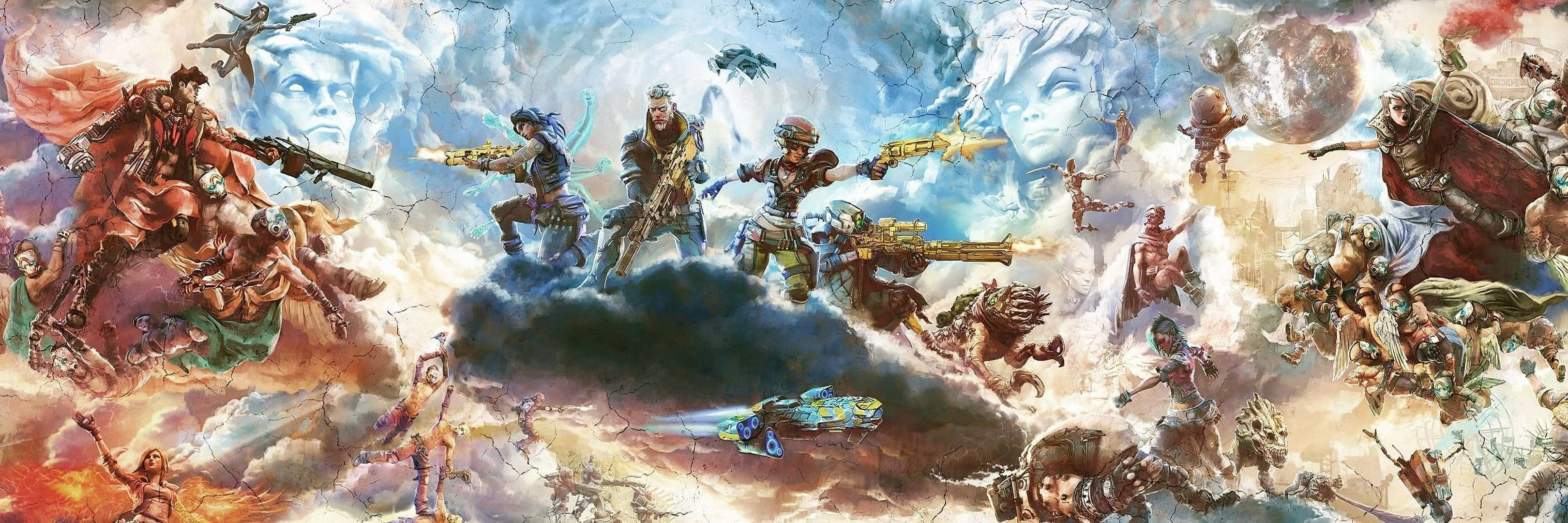 Borderlands 3 桌布 壁紙 — 動態奇幻戰鬥場景，戰士與生物在宇宙雲層和浮動行星中碰撞。