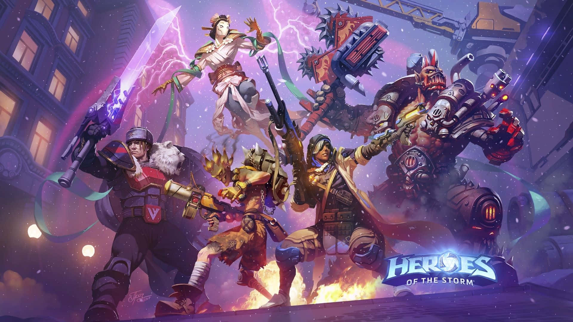 Overwatch Ana 桌布 壁紙 — 動態奇幻英雄在霓虹燈照亮的城市戰場上，在暴風雨紫色天空下，伴隨閃電和火焰激烈碰撞。
