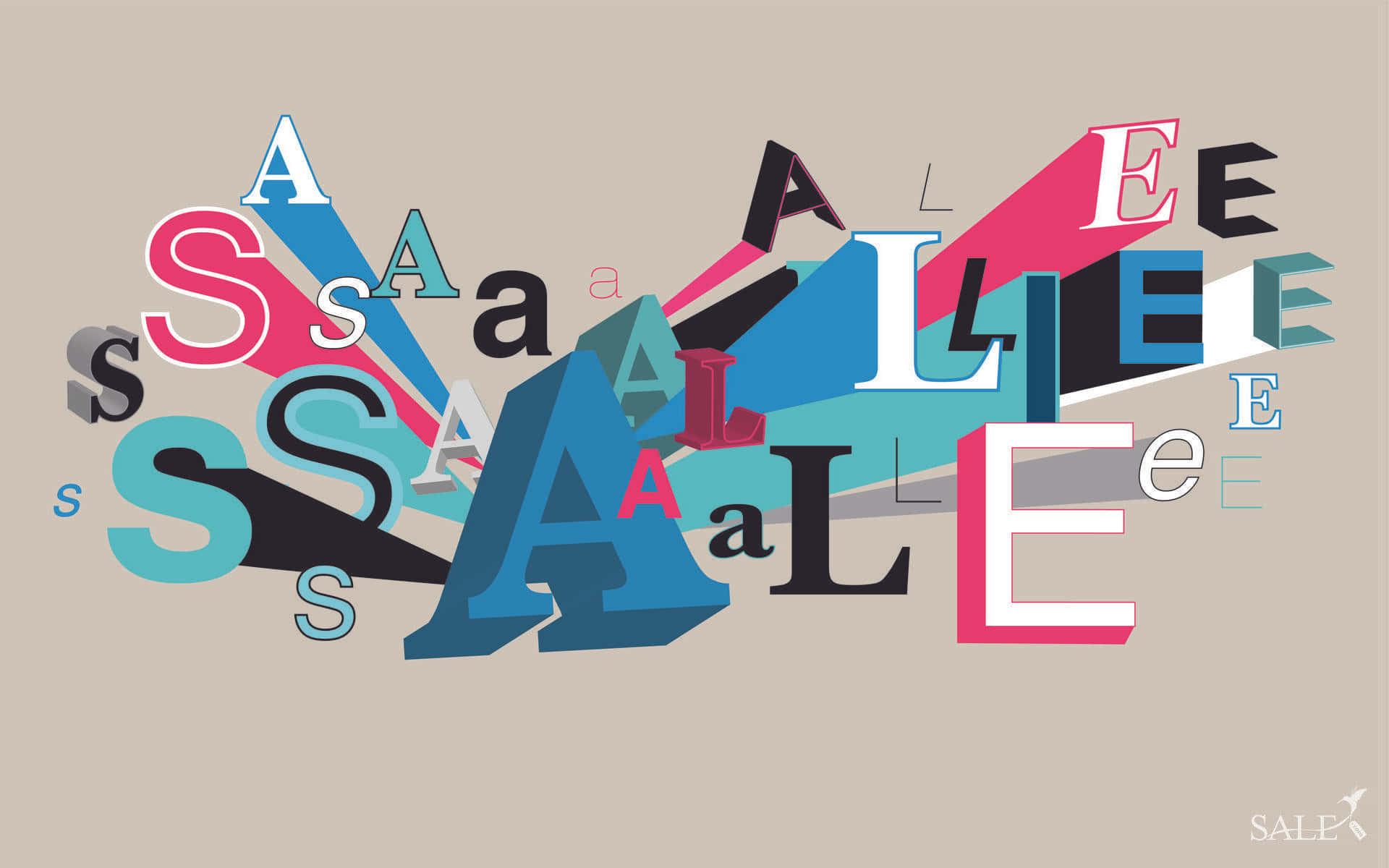 Sales 桌布 壁紙 — 動態字體設計，以米色背景襯托色彩繽紛的3D字母拼出「特賣」。