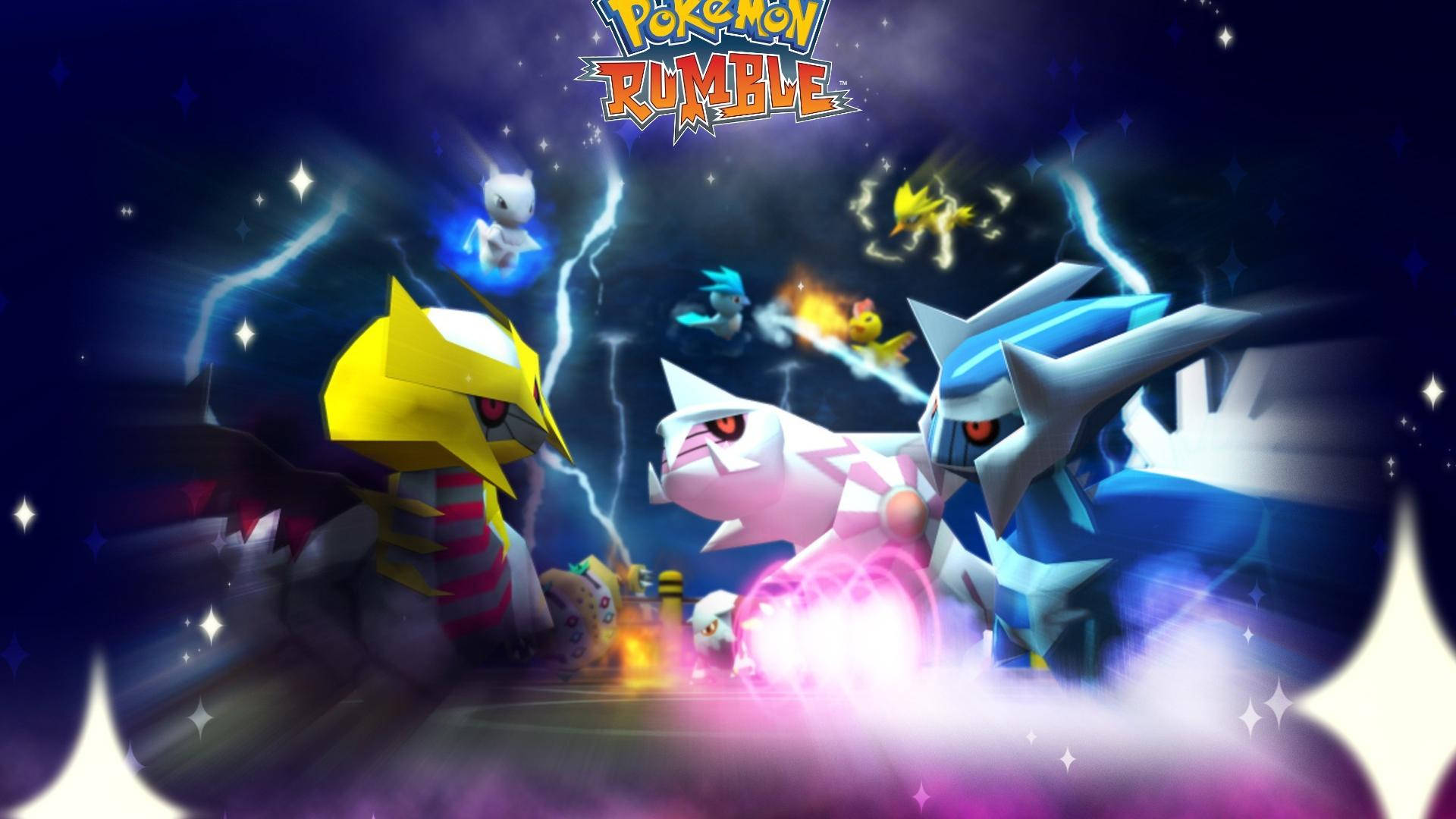 Dialga 桌布 壁紙 — 動態戰鬥場景， featuring 標誌性寶可夢如皮卡丘和暴鯉龍，在閃電和發光效果下，星空夜空中。
