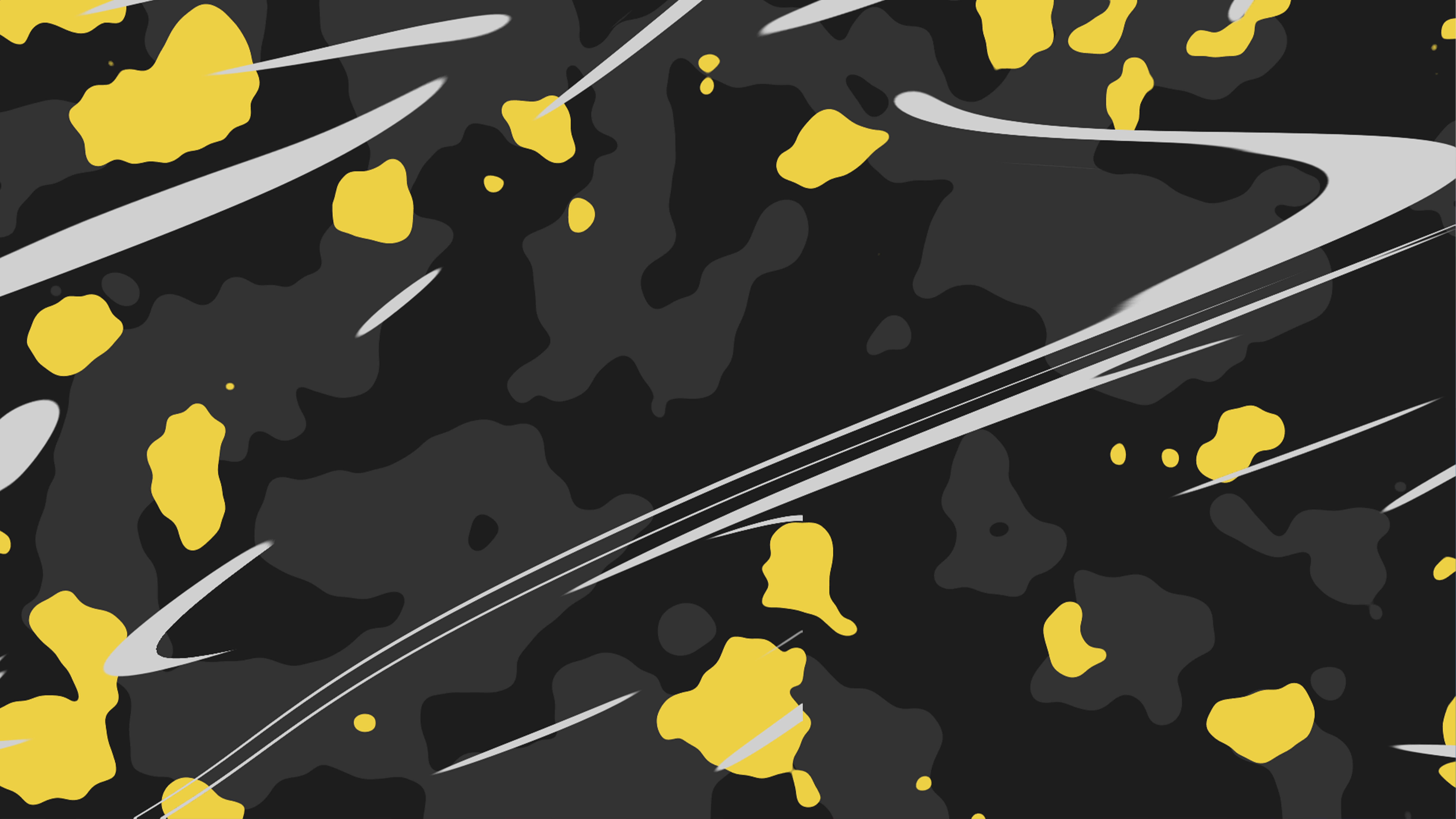 Gray And Yellow 桌布 壁紙 — 動態抽象圖案，在深色紋理背景上帶有鮮明的黃色潑濺和白色條紋。