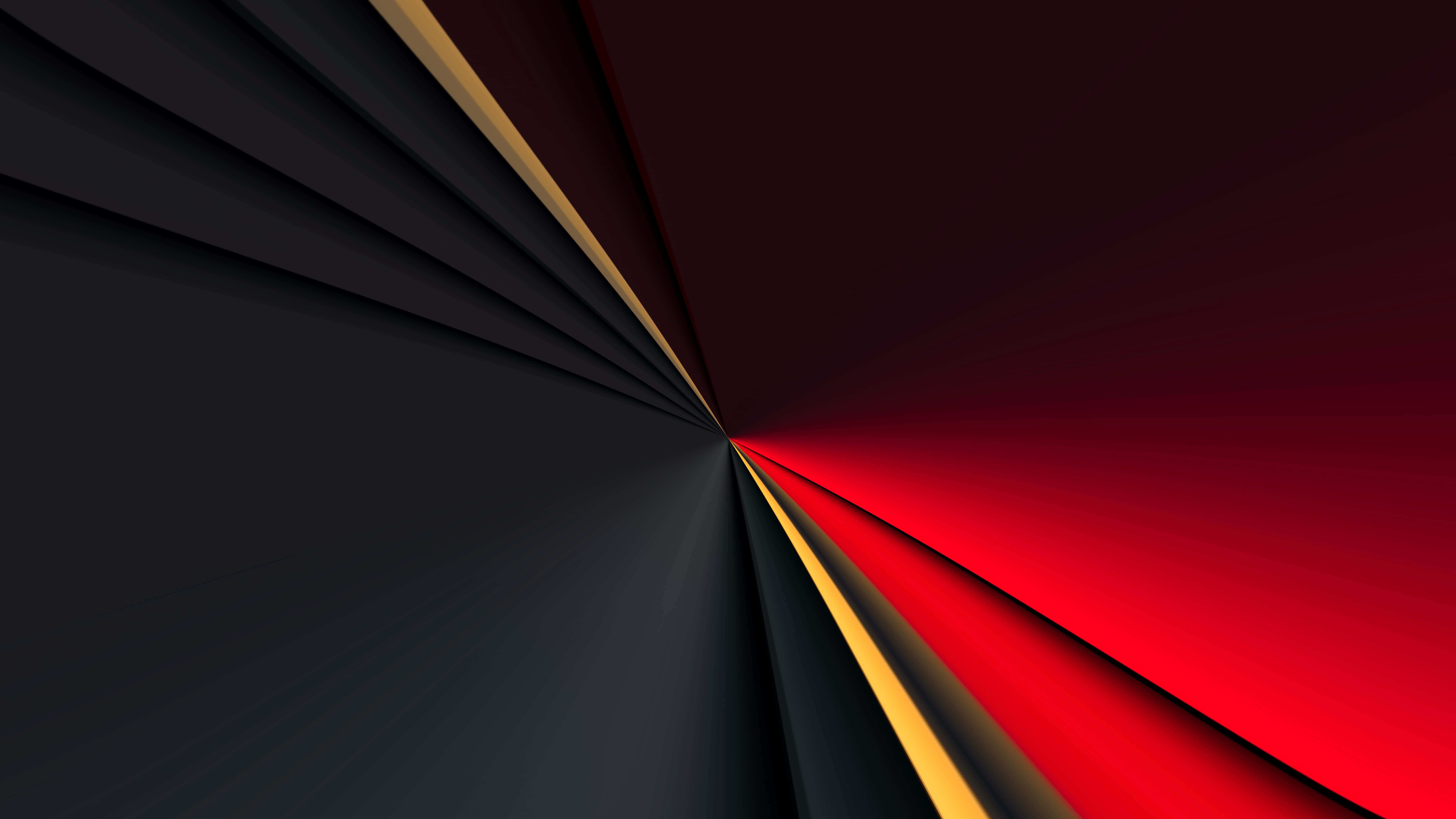 桌布 壁紙 — 動態抽象幾何桌布，帶有銳利的黑色、紅色和金色角度漸層，匯聚於中心點。