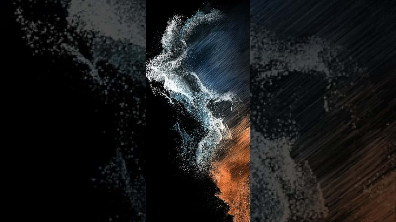 三星 桌布 壁紙 — 動態抽象數位藝術，在深色紋理背景上呈現旋轉的藍色和橙色粒子流。