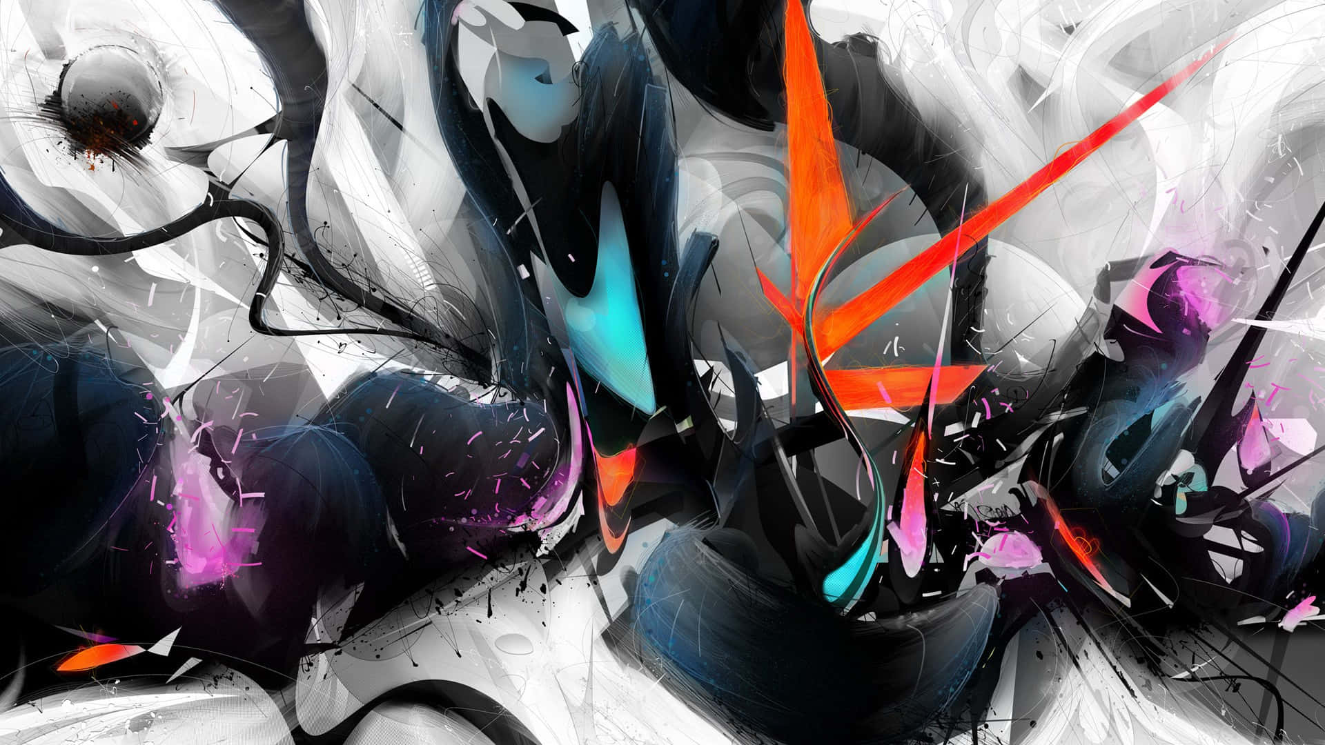 Cool Abstract 桌布 壁紙 — 動態抽象數位藝術作品，帶有旋轉的黑色、白色和灰色形狀，並被充滿活力的橙色、粉紅色和藍綠色條紋貫穿。