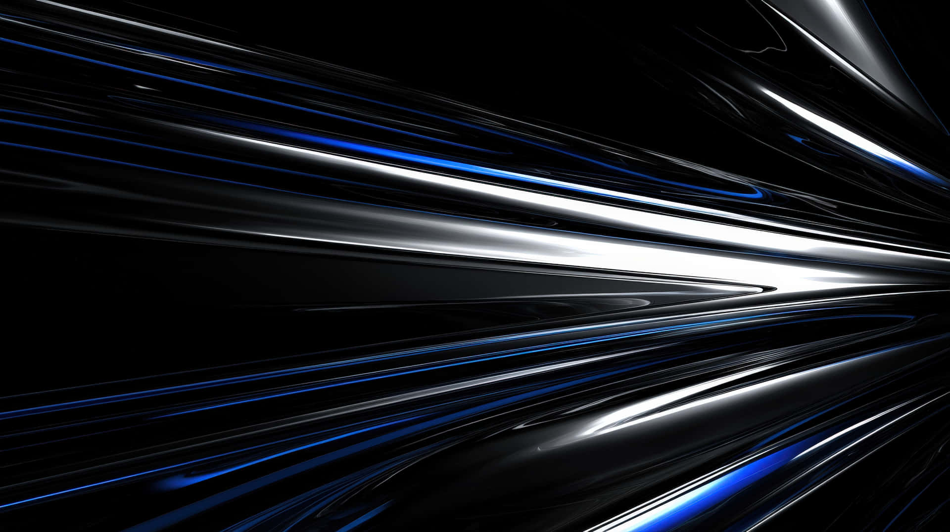 Futuristic metallic light streaks on black background 壁紙 — 動態抽象的藍色和銀色光線斜向流過深黑色背景。
