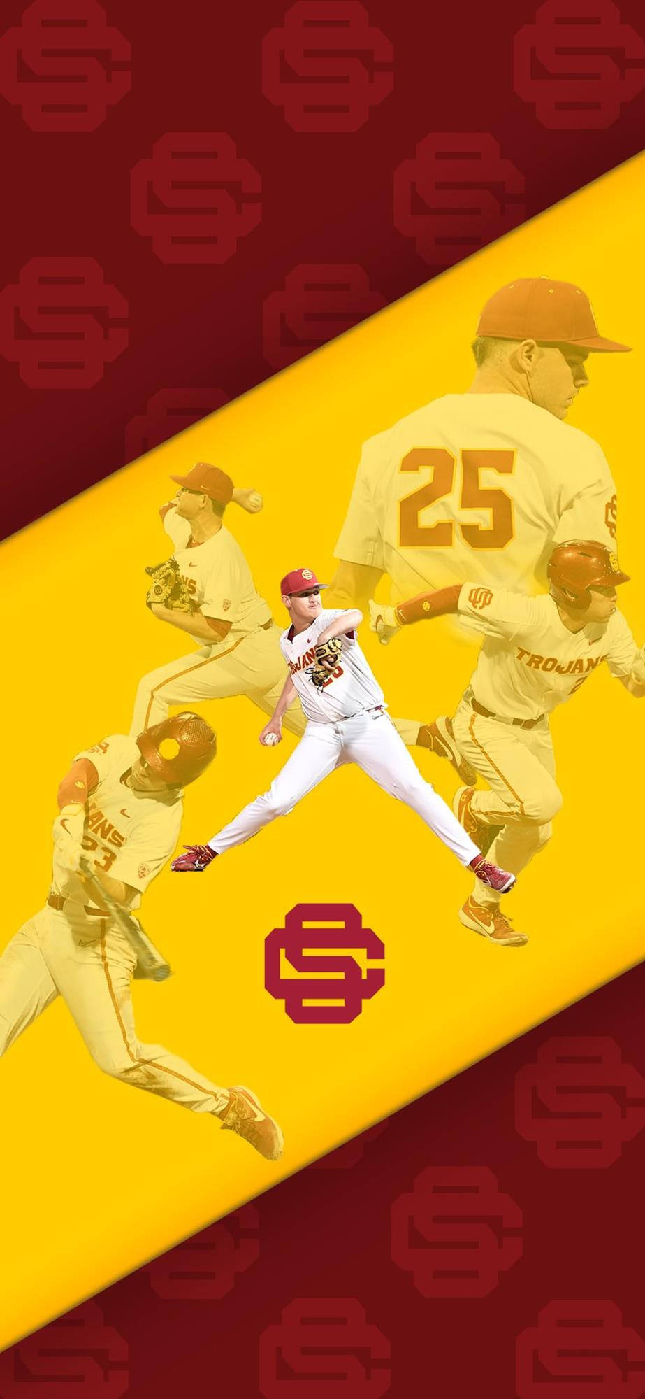 Usc 桌布 壁紙 — 動態拼貼：USC 棒球運動員在鮮黃色與栗色斜角分割背景上的動作畫面。