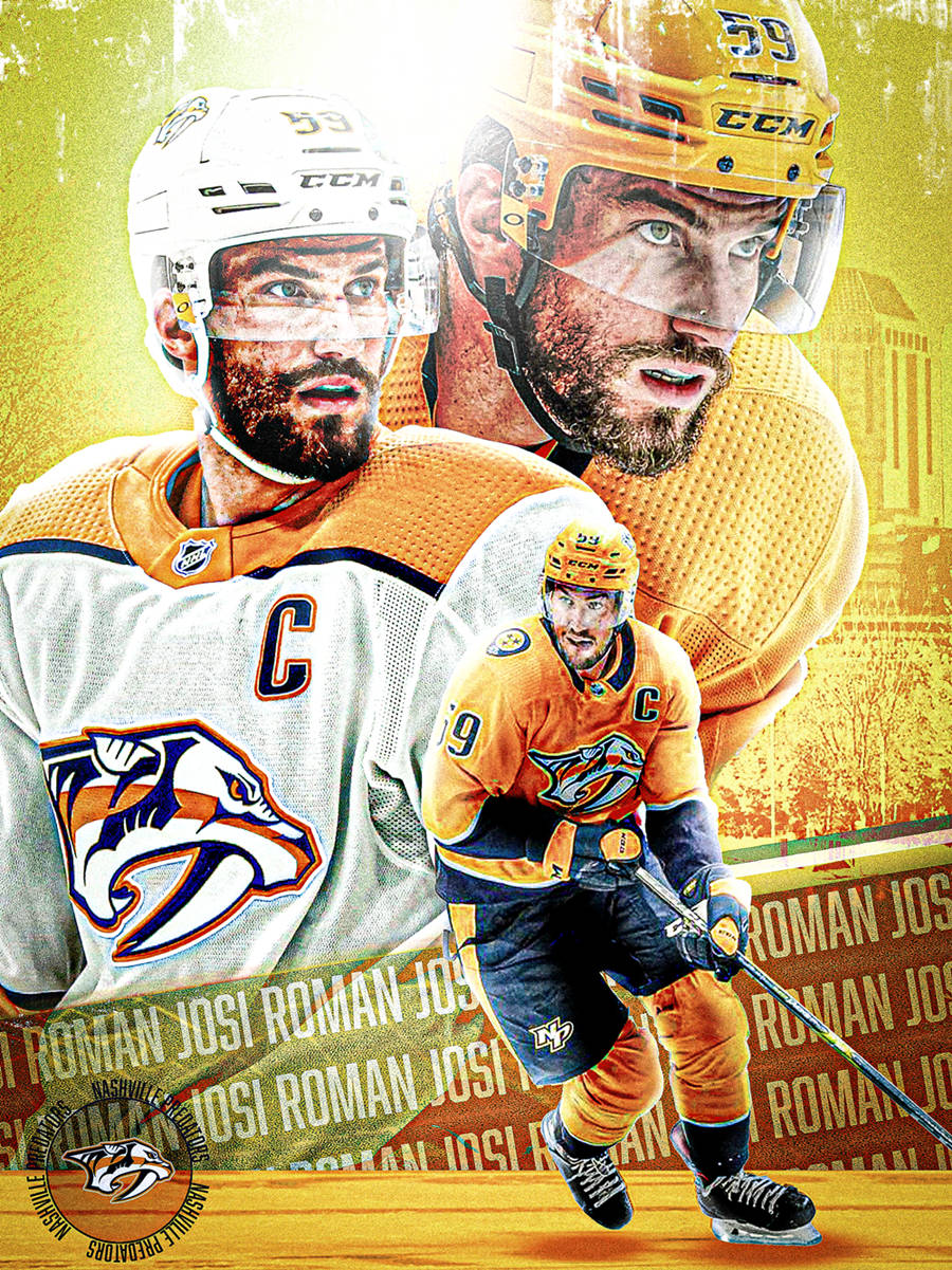 運動 桌布 壁紙 — 動態拼貼，冰球運動員 Roman Josi 穿著 Nashville Predators 裝備，以動作姿勢呈現，金色紋理背景。