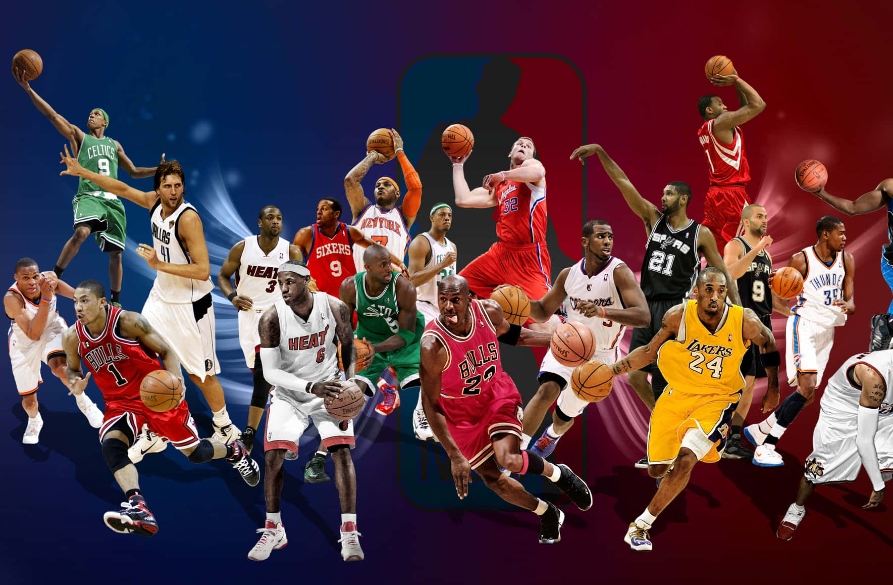 壁紙 — 動態拼貼，展示標誌性NBA籃球運動員在漸變藍紅背景上的動作，並帶有NBA標誌。