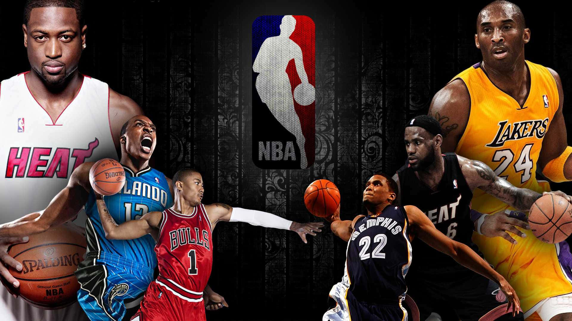 Best NBA 桌布 壁紙 — 動態拼貼，展示標誌性NBA籃球運動員在深色華麗背景上的動作姿勢，NBA標誌居中。