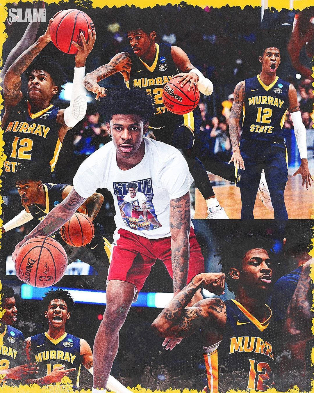 身穿 Murray State 球衣的籃球運動員以多個動態比賽姿勢呈現。 — Ja Morant 動圖 壁紙
